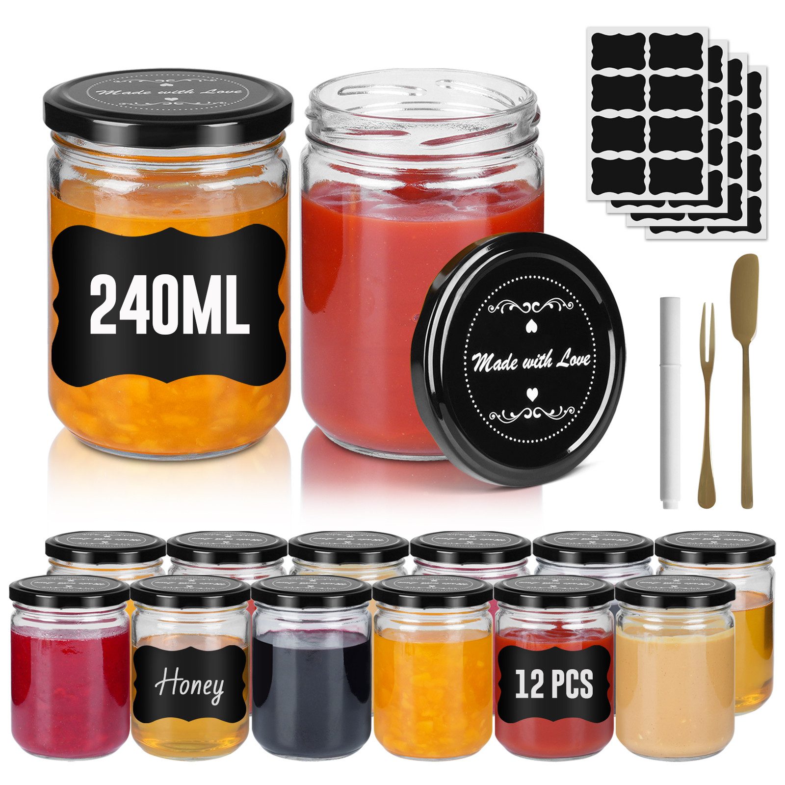 FIVMEN Einmachglas Marmeladengläser mit Deckel Einmachgläser Marmelade Marmeladenglas, (12/24er Set), für selbstgemachte Marmelade, Konfitüre und Bastelarbeiten 240/350 ml
