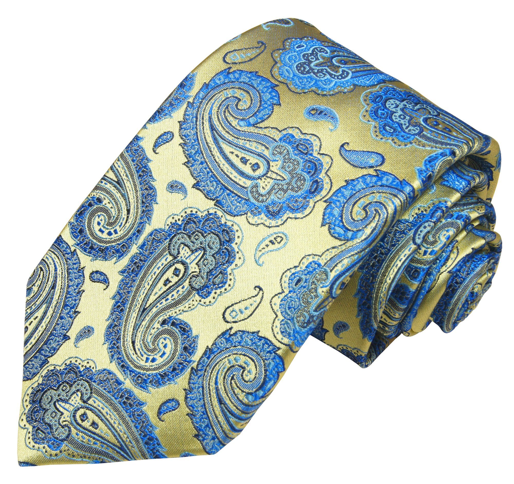 paisley Krawatte Schlips Einstecktuch) modern mit Malone 100% 7-Fold Paul gold elegant blau 2-St., S13977-9 Seidenkrawatte Seide (Set,