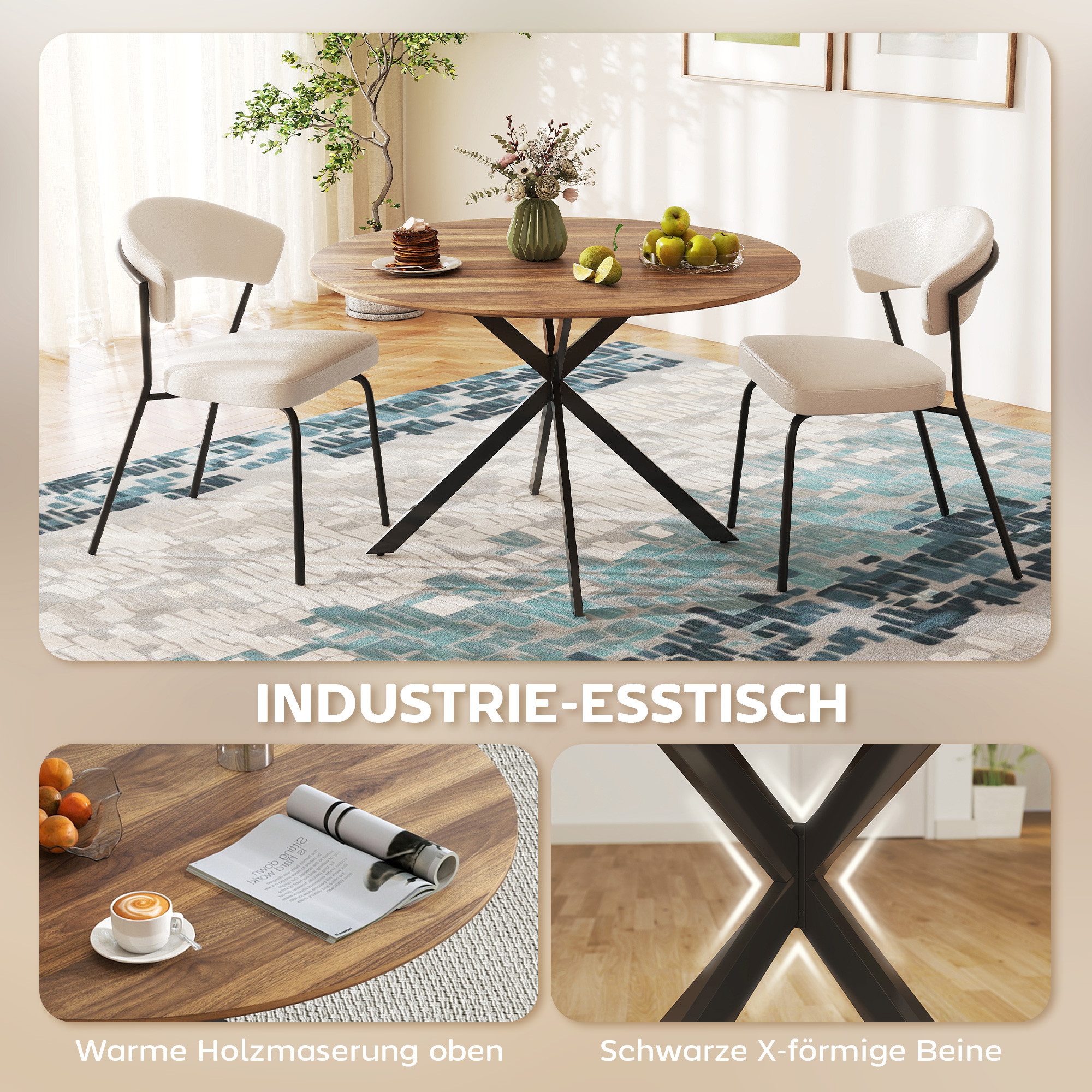 HOMCOM Esstisch Küchentisch im Industriestil mit Stahlbeinen für 4 Personen (für Esszimmer, Küche, Wohnzimmer, 1-St., rund, 120 x 120 x 75 cm), Braun – Bild 4 von 5