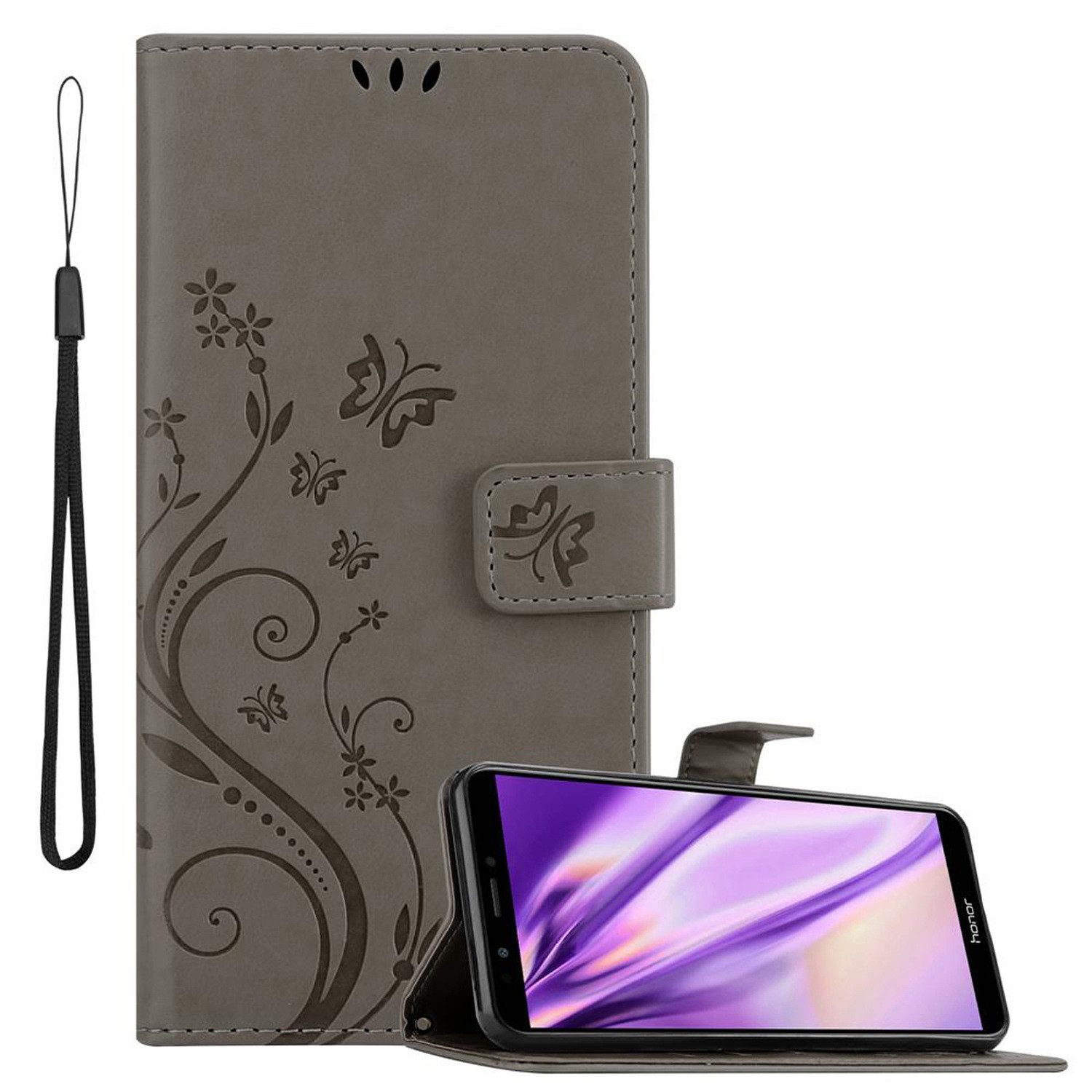 Cadorabo Handyhülle für Honor 7C / Huawei Y7 2018 Hülle Honor 7C / Huawei Y7 2018, Hülle Schutzhülle Blumen Flower mit Standfunktion Kartenfach Magnet