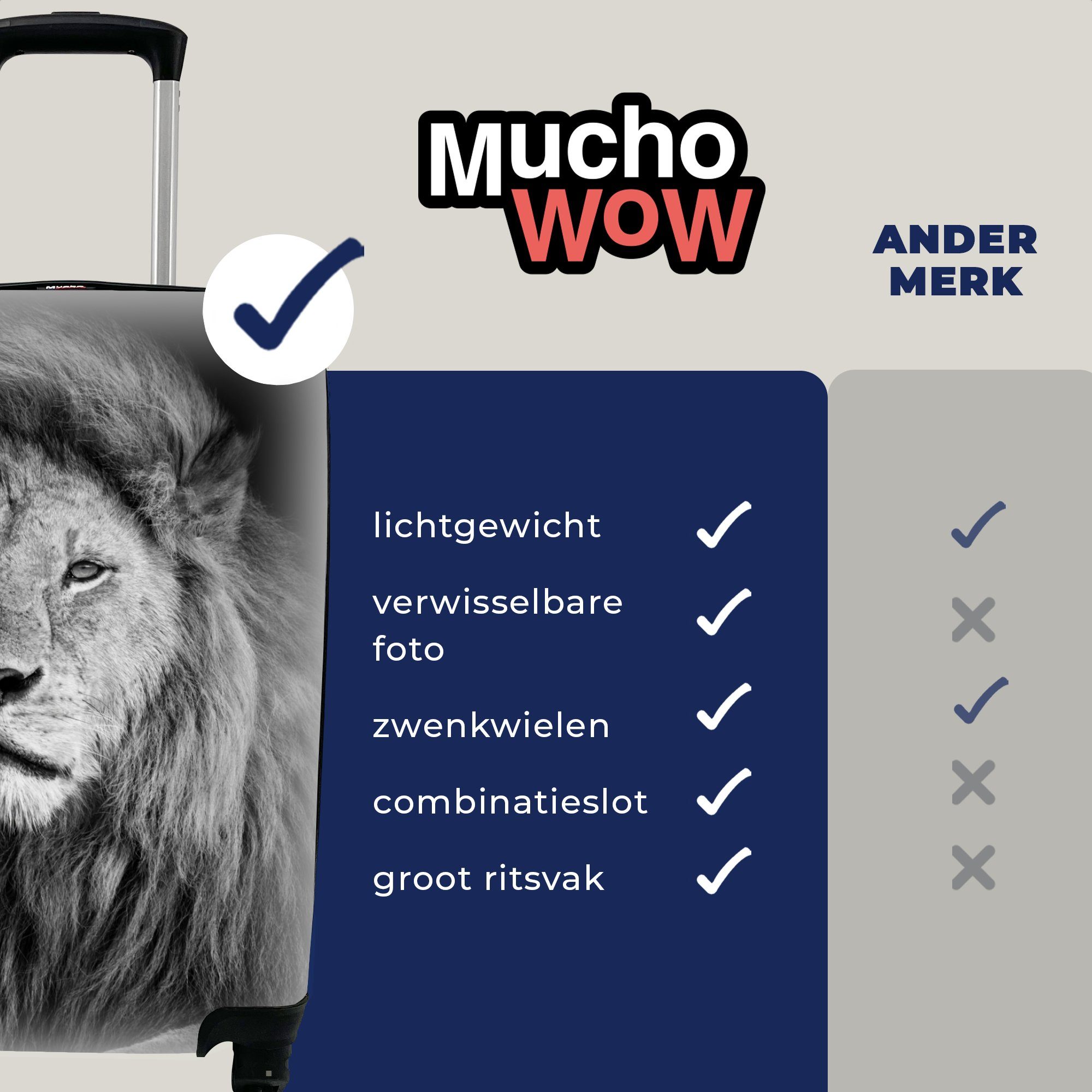 MuchoWow Handgepäckkoffer Wildlife Weiß, - Ferien, für Reisetasche Handgepäck Rollen, Löwe Trolley, Reisekoffer Schwarz rollen, - mit 4 