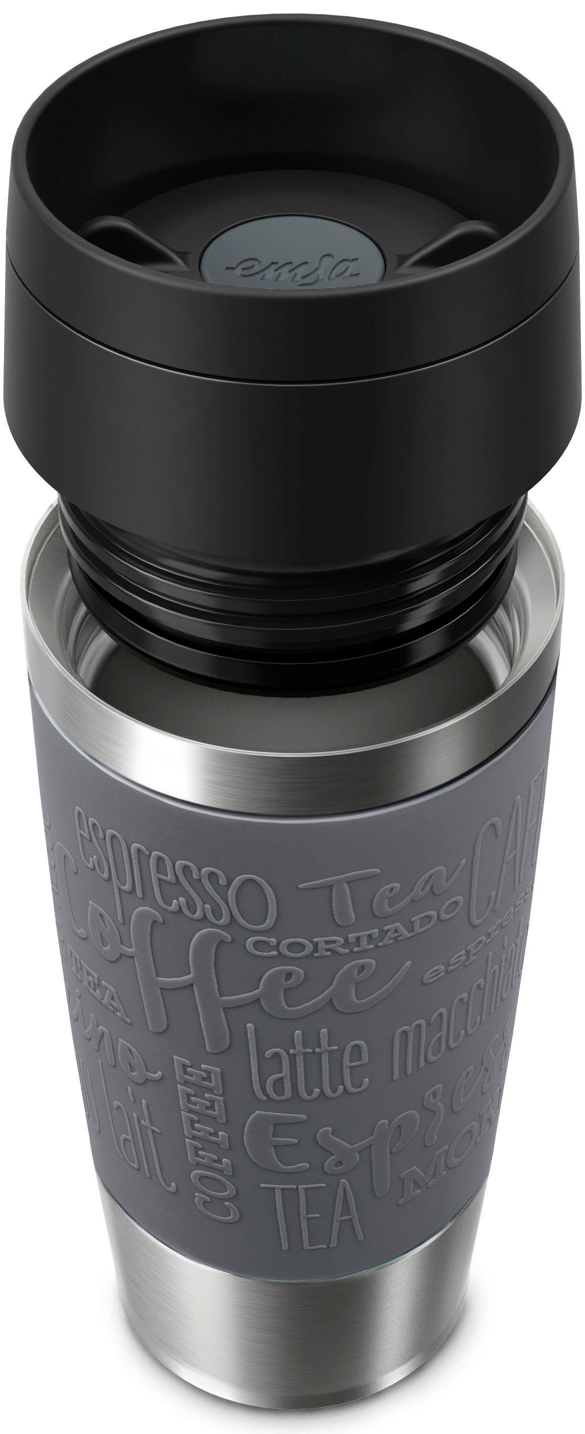 Emsa Thermobecher Travel Mug Classic, spülmaschinenfest, 12h 360°-Trinköffnung heiß, Edelstahl, 6h kalt, 100% dicht, Silikon, Kunststoff, Pfeffer-Grau