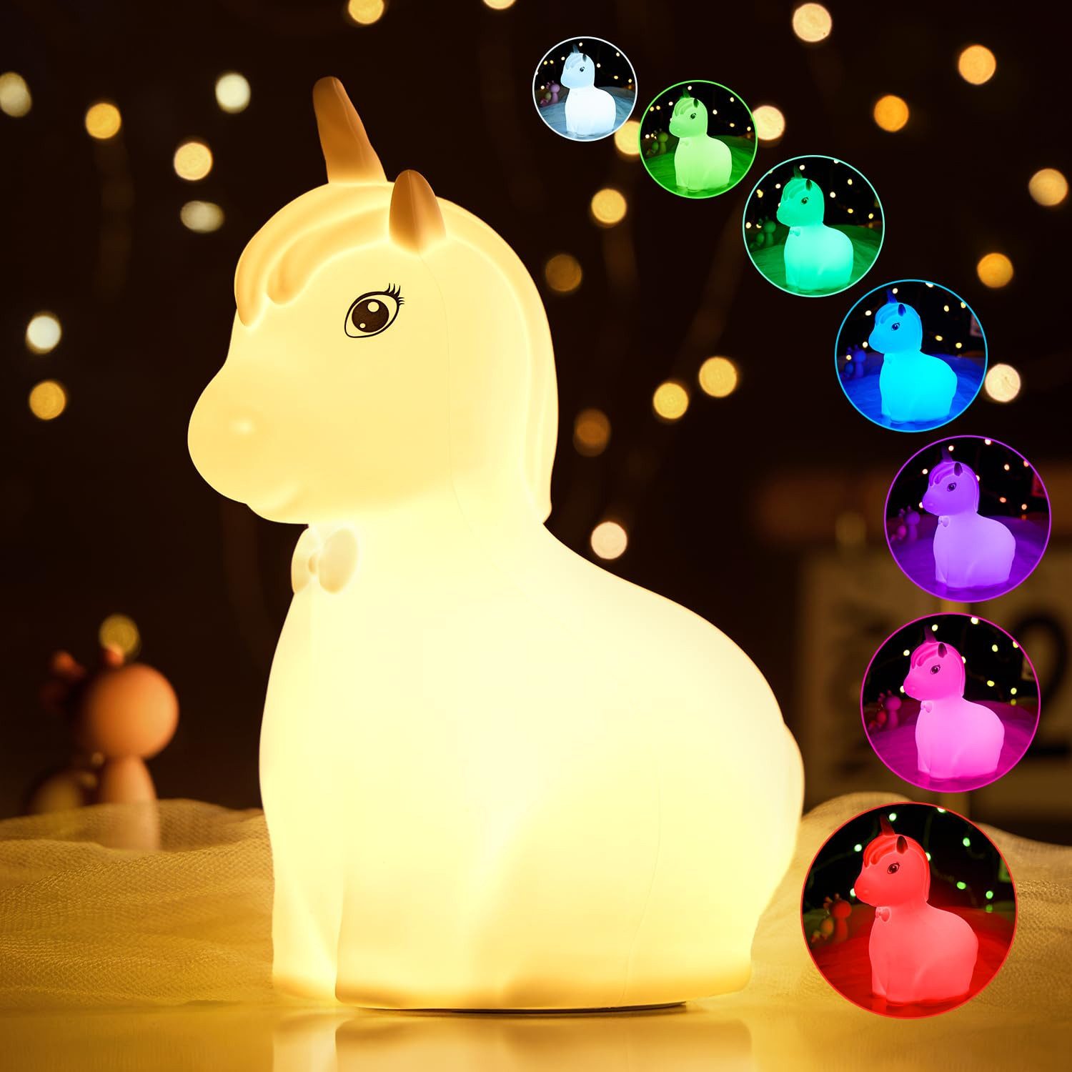 GOOLOO LED Nachtlicht Einhorn Silikon Nachtlicht Baby,7 Farben DimmbarTouch, Dimmbar,Tap-Control, RGB Farben Sicher für Kinder, Mehrfarbiges Licht
