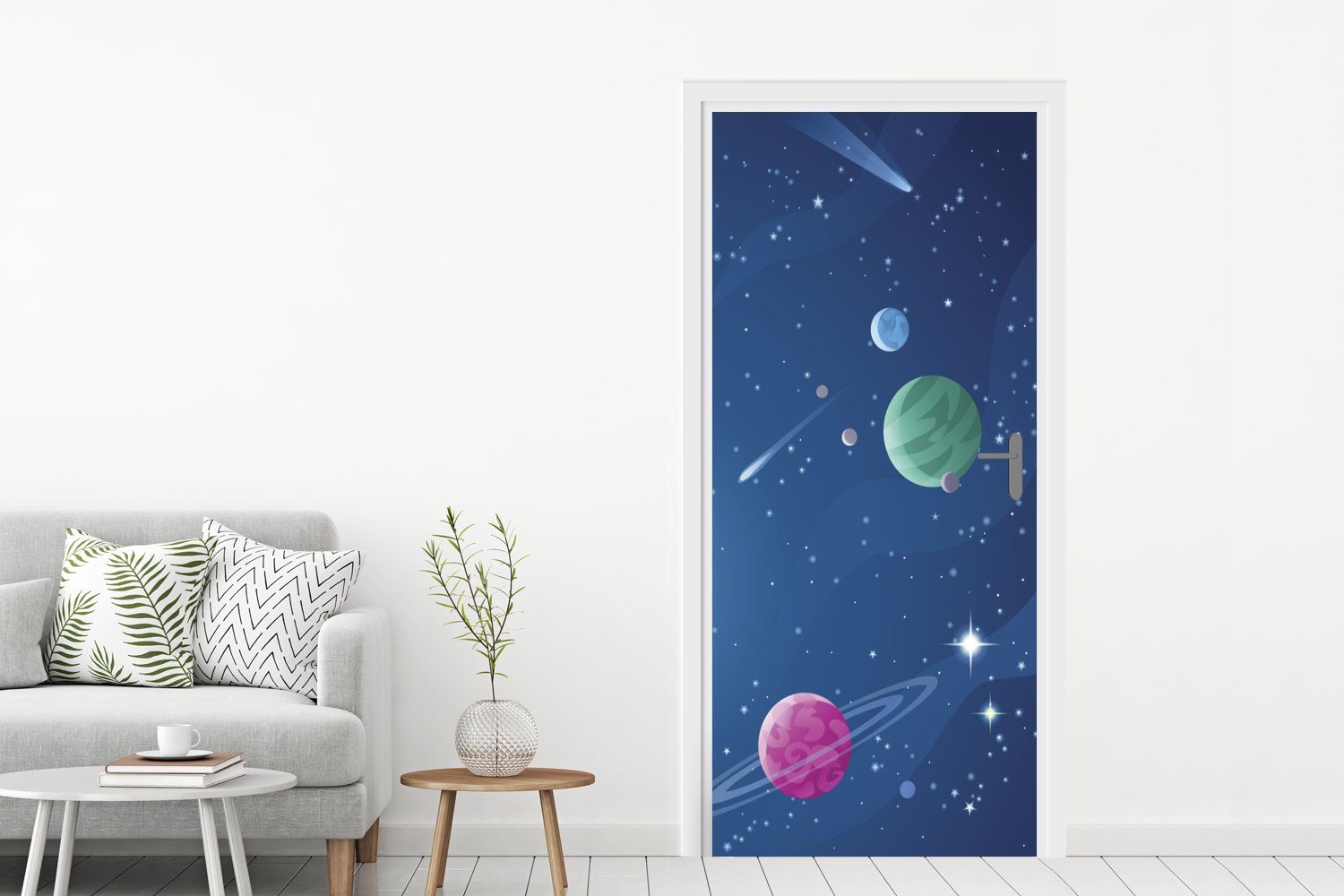 MuchoWow Türtapete St), des (1 Illustration Matt, bedruckt, cm mit für Planeten gefüllten Tür, 75x205 Eine Fototapete Türaufkleber, Weltraums