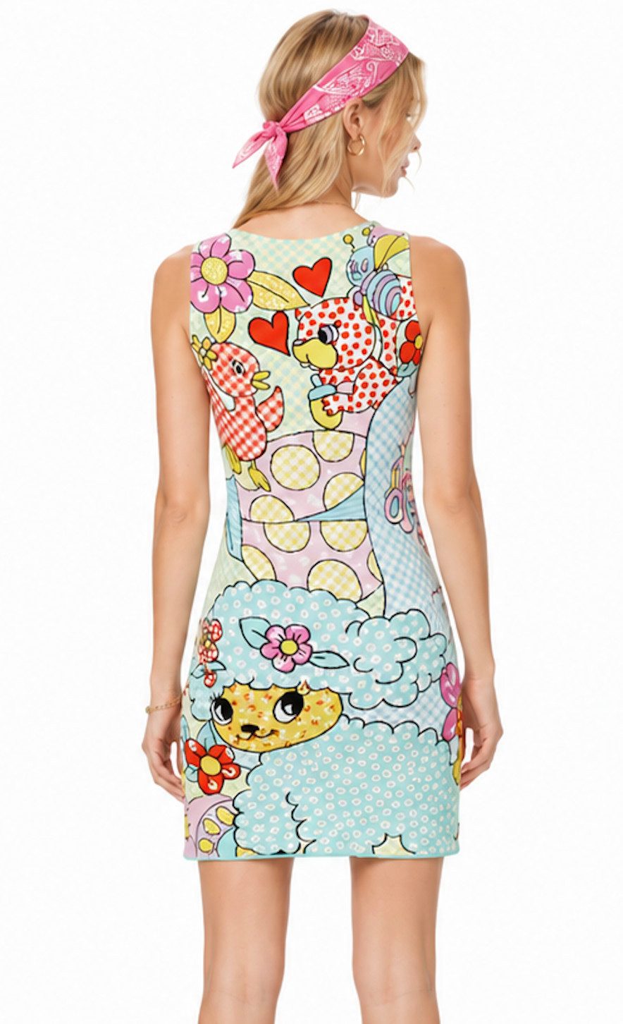 Moschino Minikleid Milano Menagerie Midi Jacquard Kleid Deadstock Limited Auffälliger Allover-Jacquard mit Animal,Blumen,Comic-Motiven
