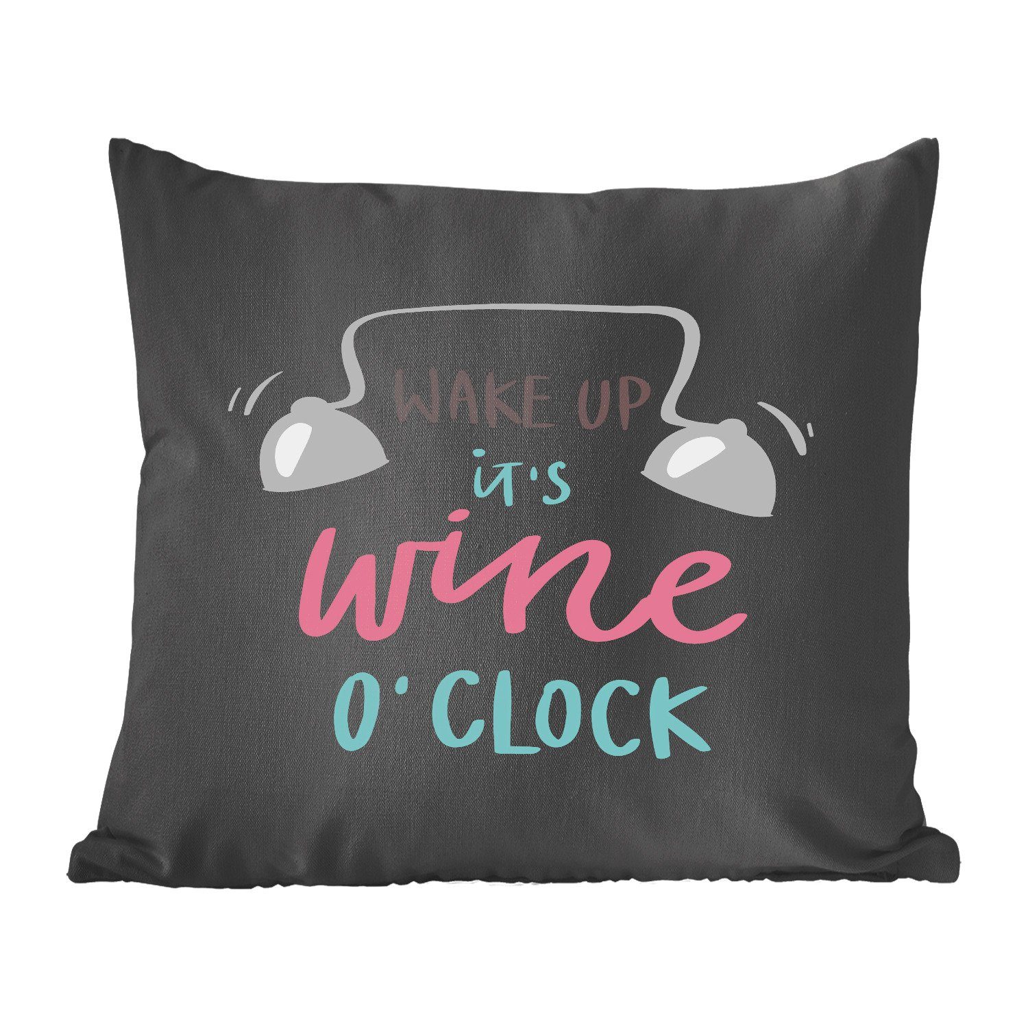 MuchoWow Dekokissen Zitat "Wake up, it's wine o'clock" mit schwarzem Hintergrund, Zierkissen mit Füllung für Wohzimmer, Schlafzimmer, Deko, Sofakissen | Dekokissen