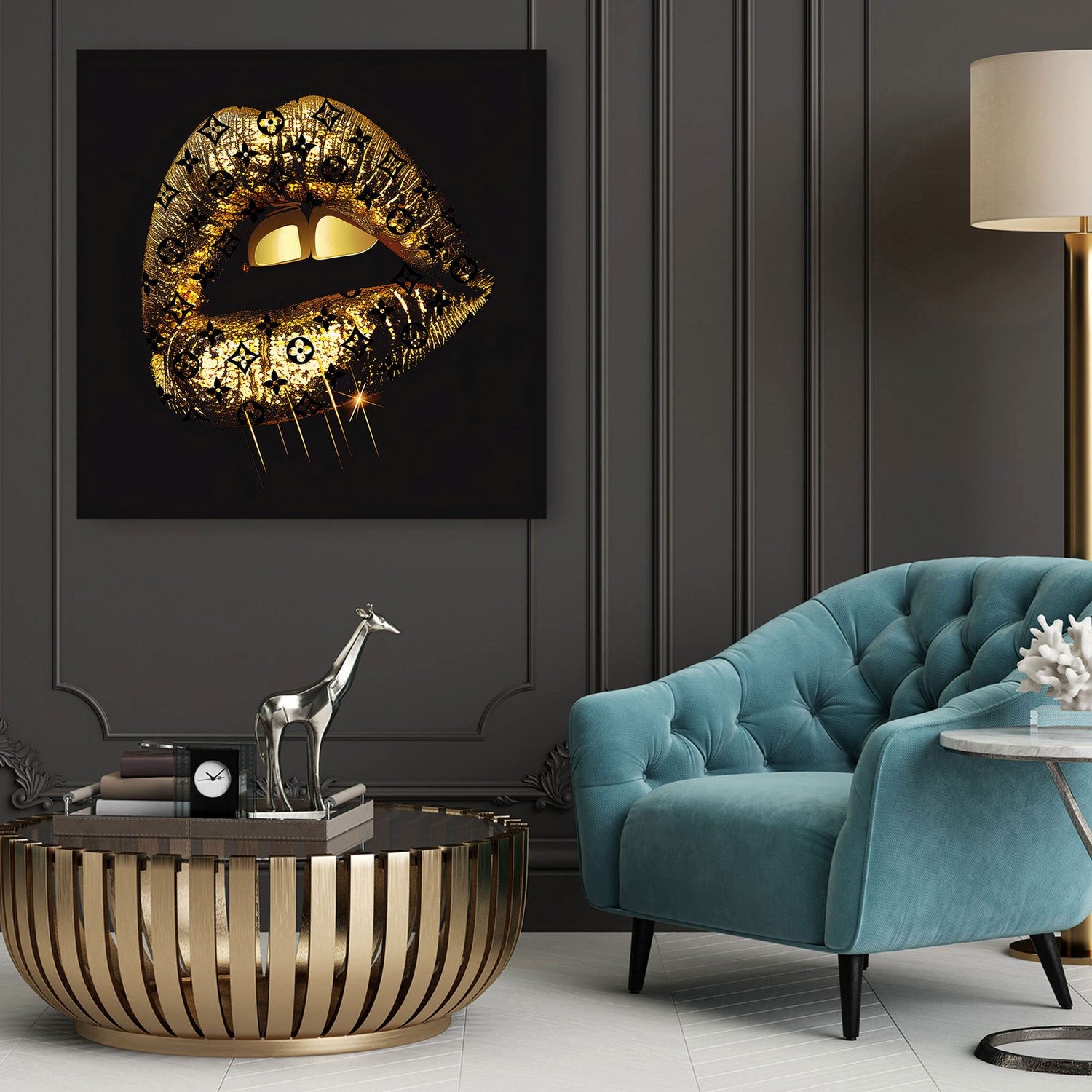 Artedinoi Leinwandbild Glamour Lippen Goldoptik Luxus und Eleganz Leinwandbild Wandbild Wandd, Glamour-Lippen in Gold