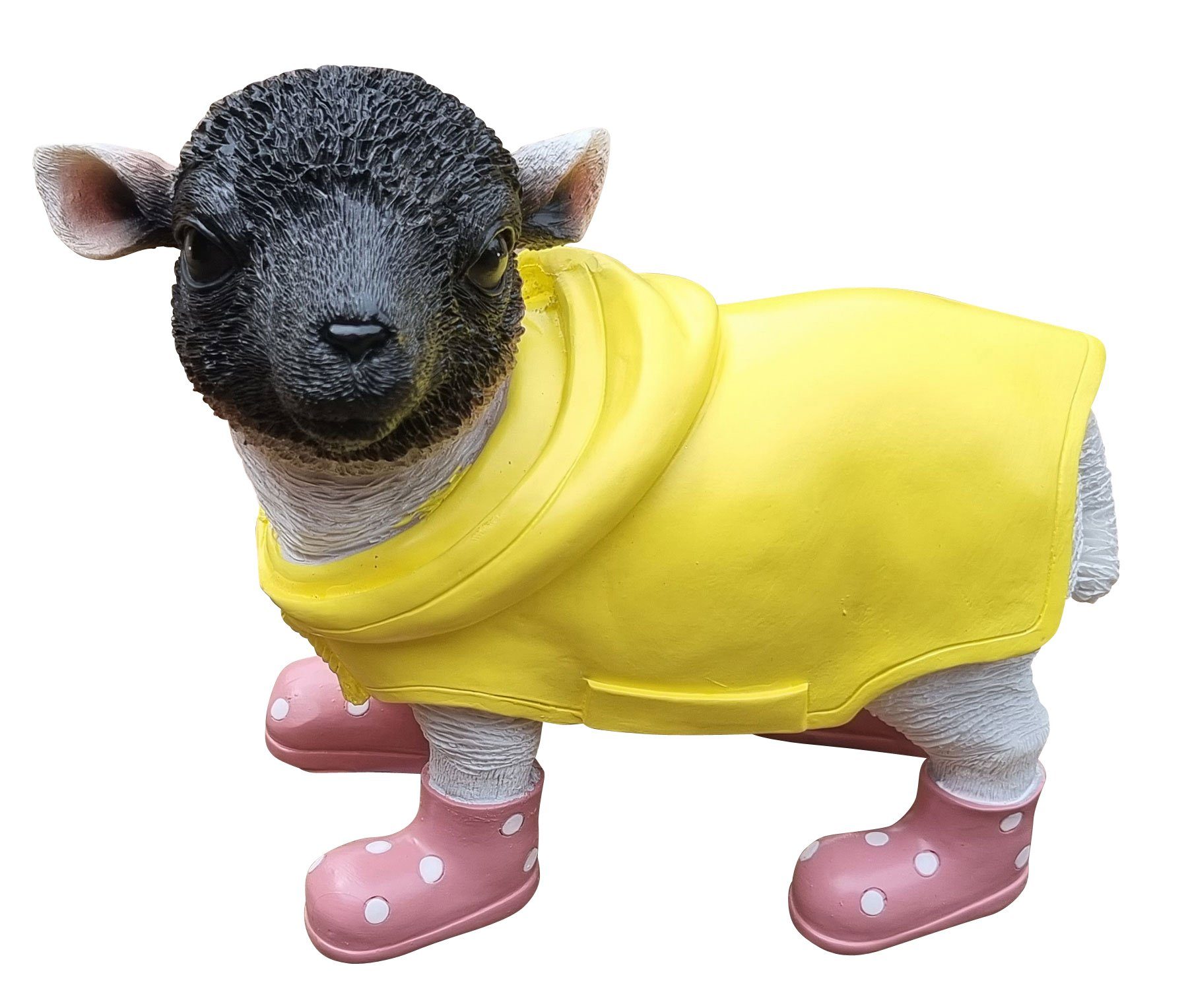 Fachhandel Plus Gartenfigur Lamm mit Mantel und rosa Gummistiefel, (1 St), Dekofigur lustiges Schaf