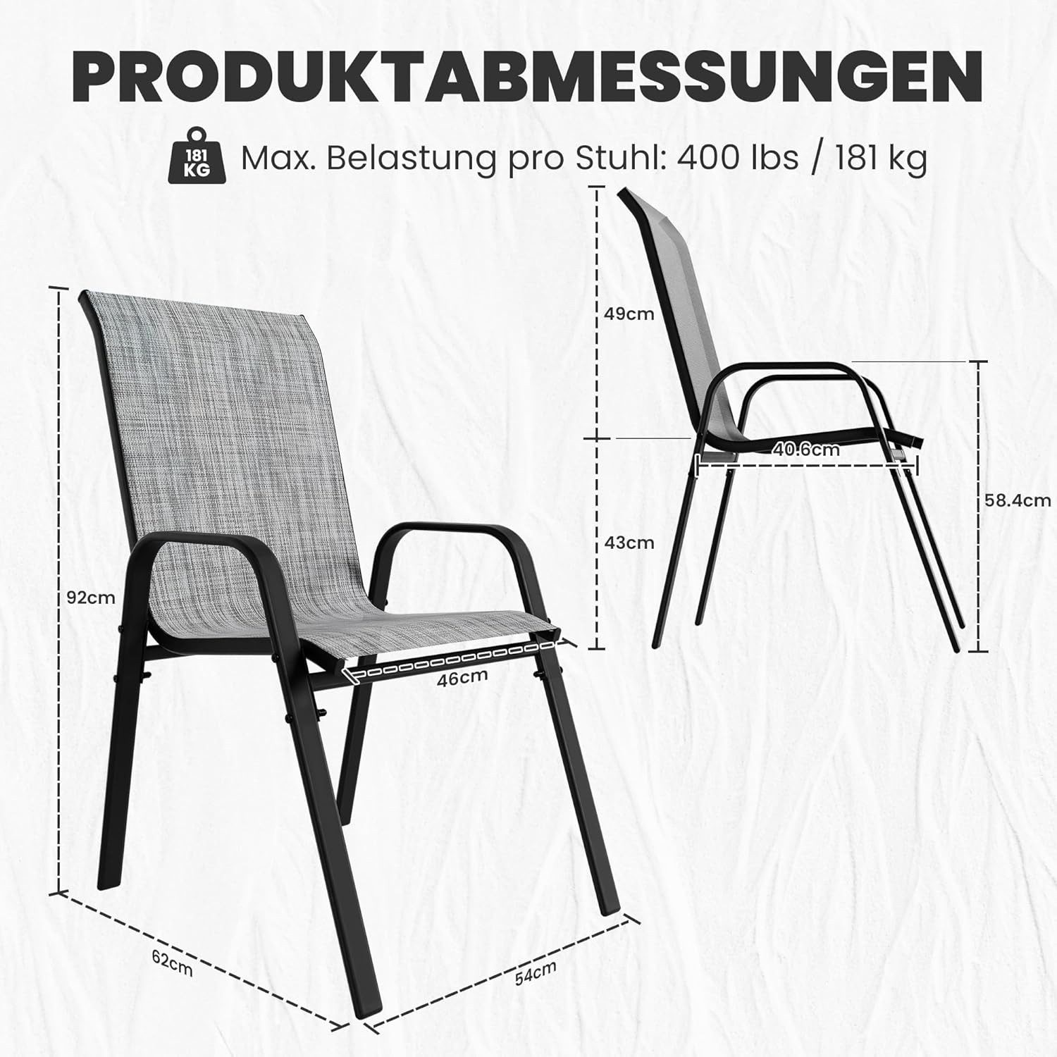 GOTLAND Gartenstuhl Hochlehner Gartenstühle 6er Set Stapelbar, Wetterfeste Terrassenstühle (für Garten, Balkon, Terrasse, Poolbereich, 6 St), mit Armlehnen, Atmungsaktives Textilene & Stahlgestell