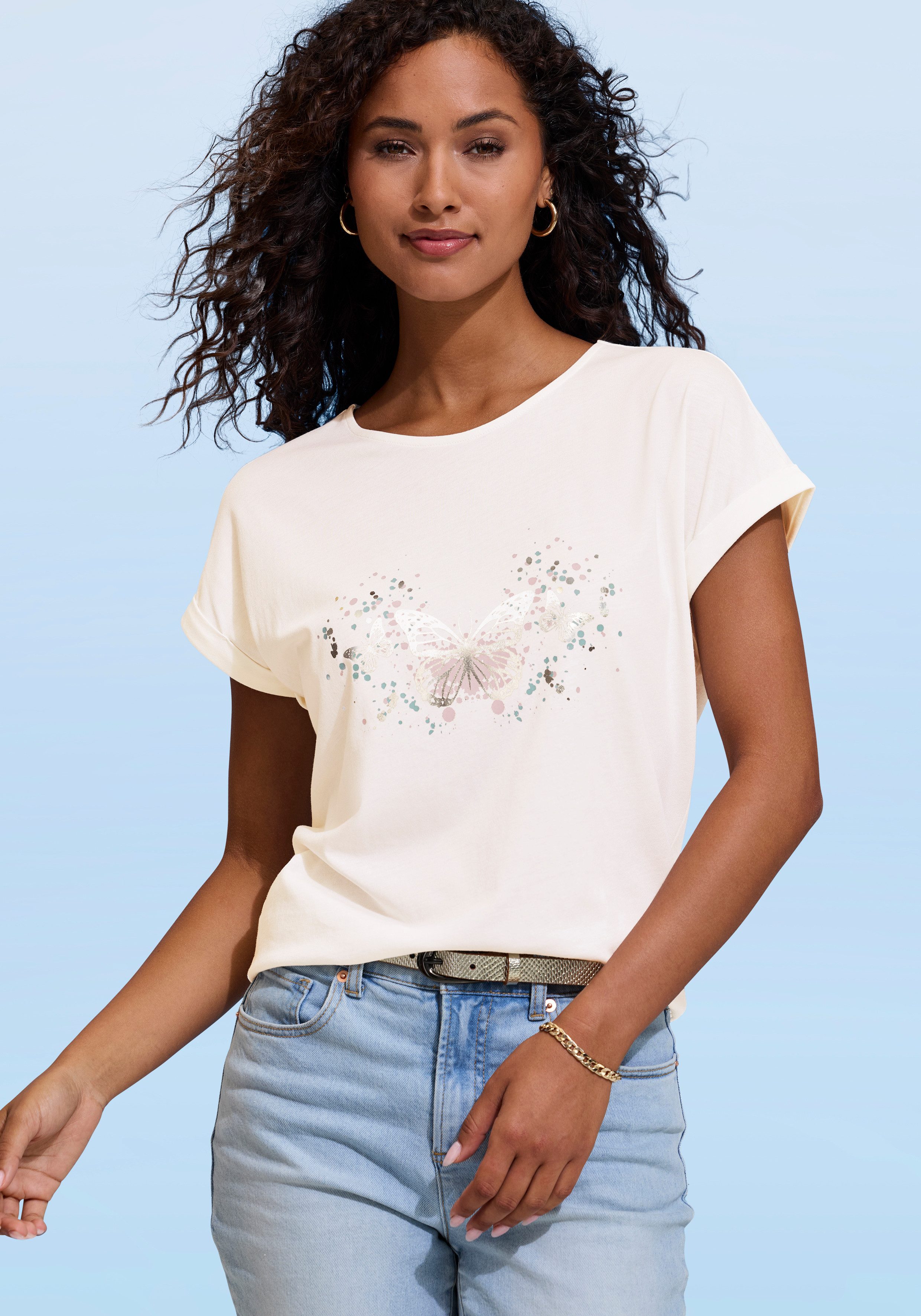 Vivance by Lascana T-Shirt mit glänzendem Frontprint aus angenehmer Baumwoll-Modal-Qualität