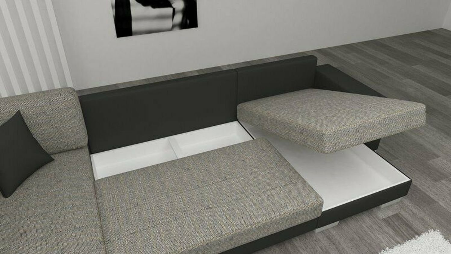 Textil, Ecksofa Polster Bettfunktion Couch Bettfunktion Mit Design Dunkelgrau/Schwarz Schlafsofa JVmoebel Leder Ecksofa