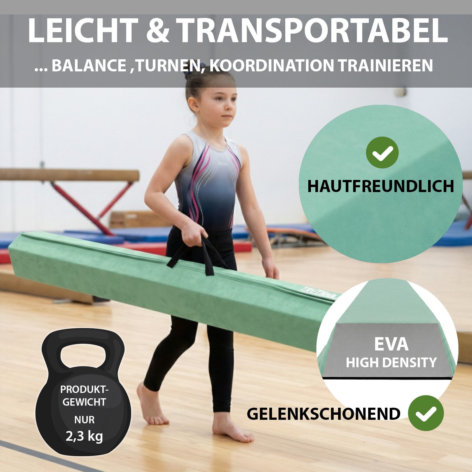 TRUTZHOLM Balanceboard Schwebebalken 240 cm Turnbalken inkl. Tragetasche Balancieren Mintgrün, klappbar, tragbar, bodennah, kombinierbar