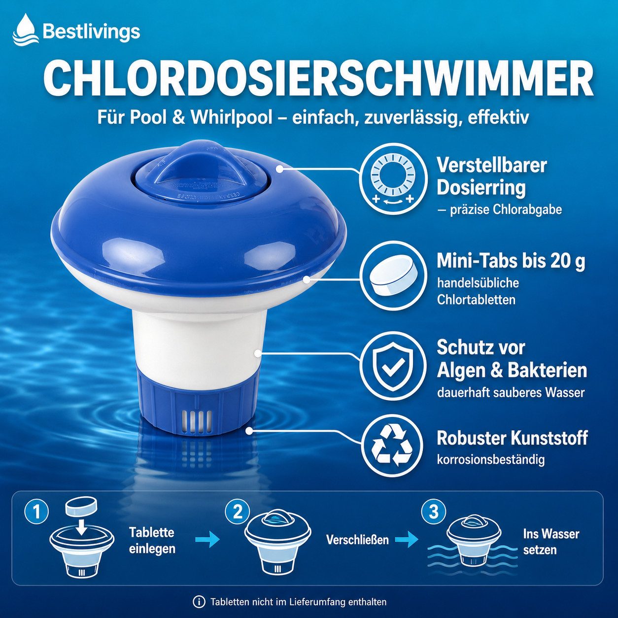 Bestlivings Chlordosierschwimmer für Pools/Whirlpools, (1-tlg) Ø13cm, verstellbare Dosieröffnung, für Chlortabletten bis zu 20g