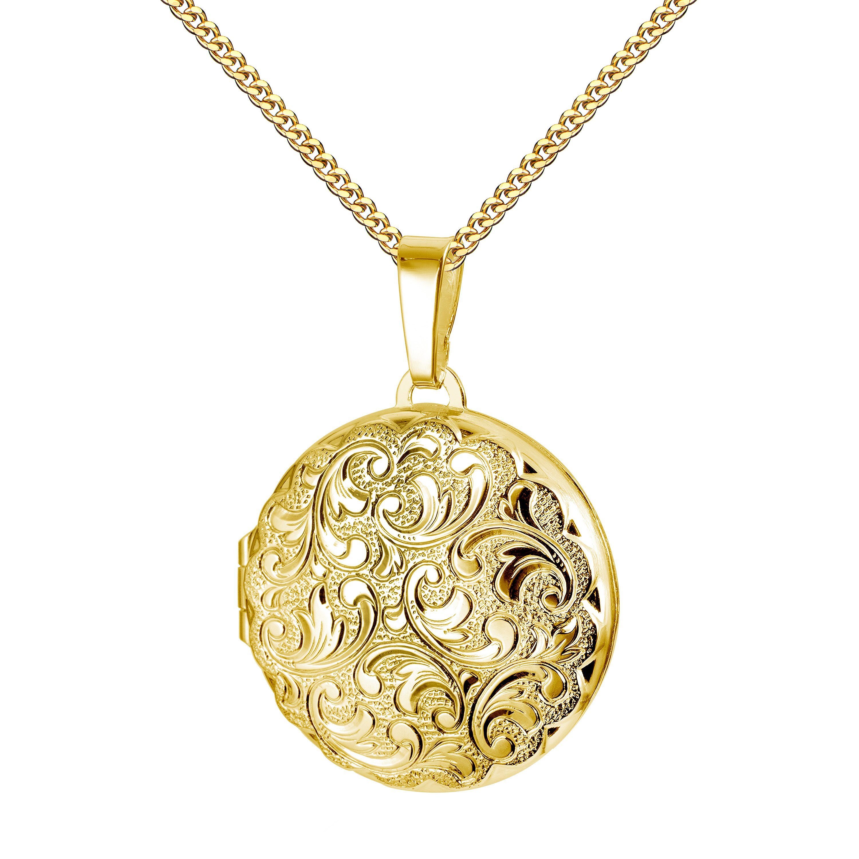 JEVELION Kette mit Anhänger Medaillon Gold 333 rund Ornament-Verzierung zum Öffnen für 2 Bilder (Fotoamulett, für Damen und Mädchen), Goldamulett mit Kette vergoldet - Länge wählbar 36 - 70 cm