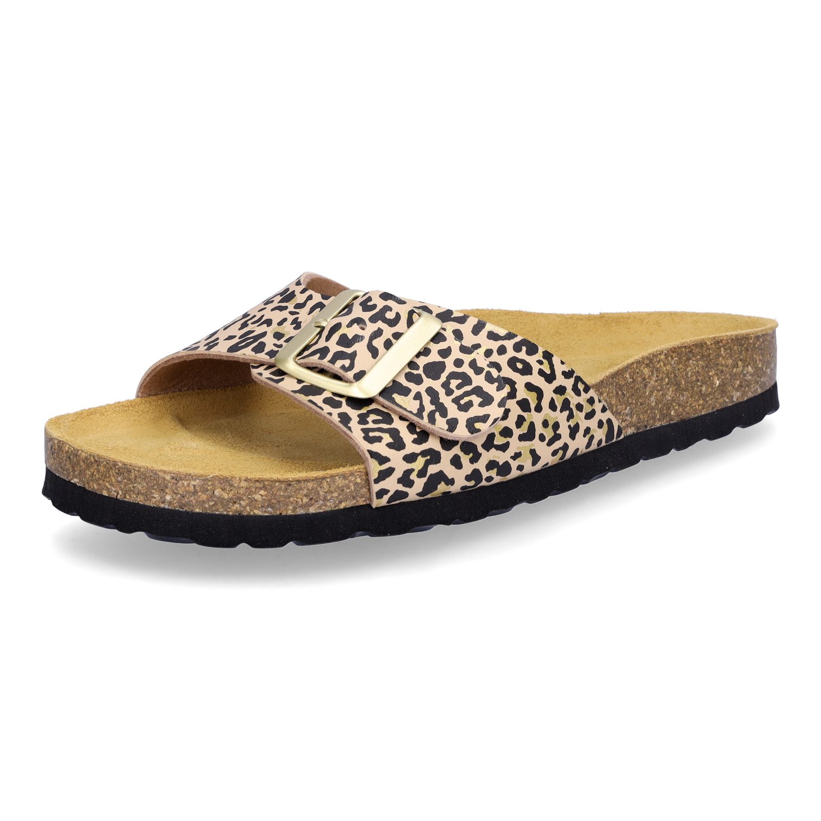 MIDS MONA Damen Pantolette leo Animalprint, Einriemer mit Lederfußbett, Korksohle und Schnalle