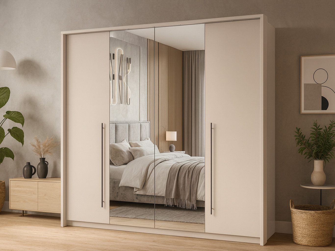 Beautysofa Drehtürenschrank mit 2 Türen und 8 Regalböden SAHARA (2 Kleiderstangen und Regalböden, Farbe: Sandbeige) Breite: 209 oder 255 cm