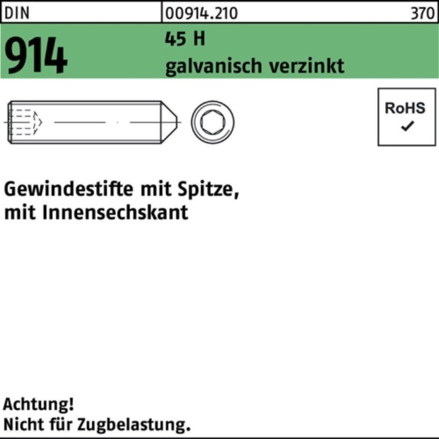 Reyher Gewindebolzen 100er DIN M16x25 Pack Gewindestift 45 Spitze/Innen-6kt 914 H galv.verz