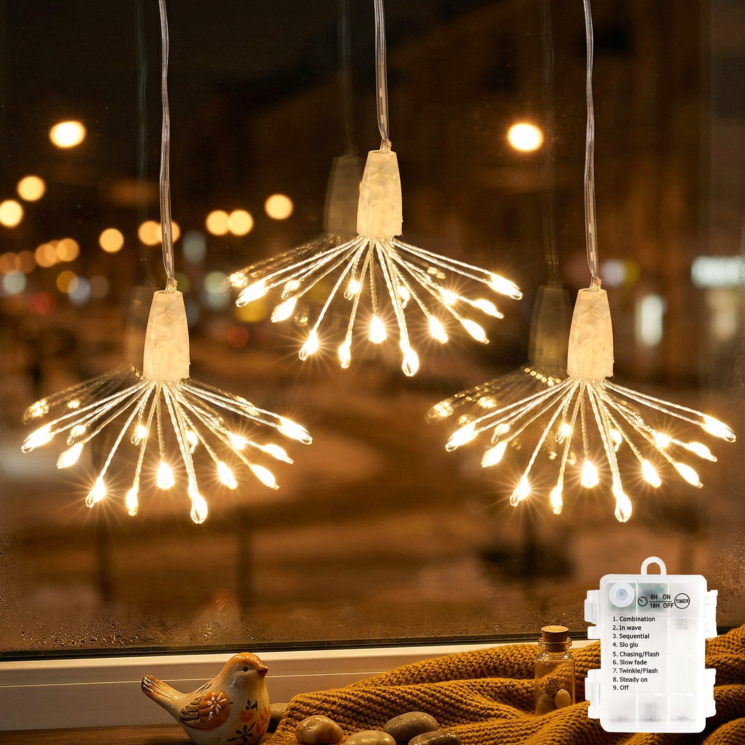 Salcar LED-Lichterkette LED Leuchtstäbe Feurwerk Garten LED Leuchtstern 3 / 6 Stück Warmweiß, 3D Feuerwerk-Design mit 3-teiliges Feuerwerk Liter 45 LED