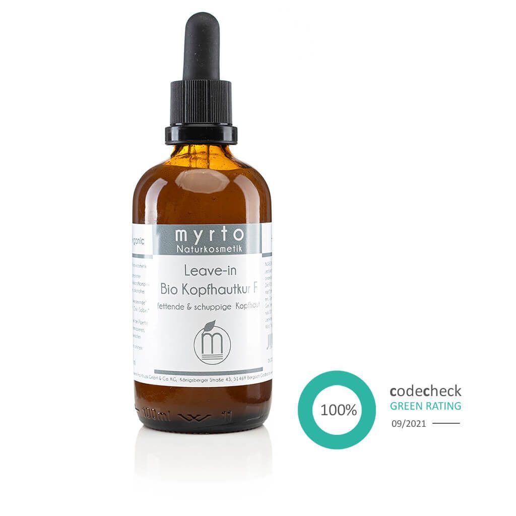 myrto Naturkosmetik Kopfhaut-Pflegeserum Bio Kopfhautkur F - Haarserum gegen fettige Kopfhaut und Schuppen, Bestbewertung bei Codecheck: 100% EMPFEHLENSWERT (grüner Ring)