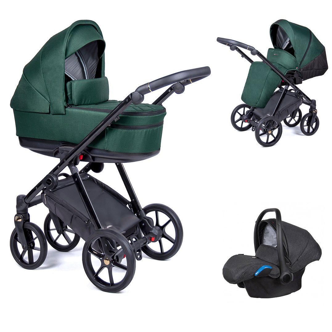 babies-on-wheels Kombi-Kinderwagen 3 in 1 Kinderwagen-Set Axxis - 15 Teile - in 24 Designs Tannengrün = Gestell schwarz