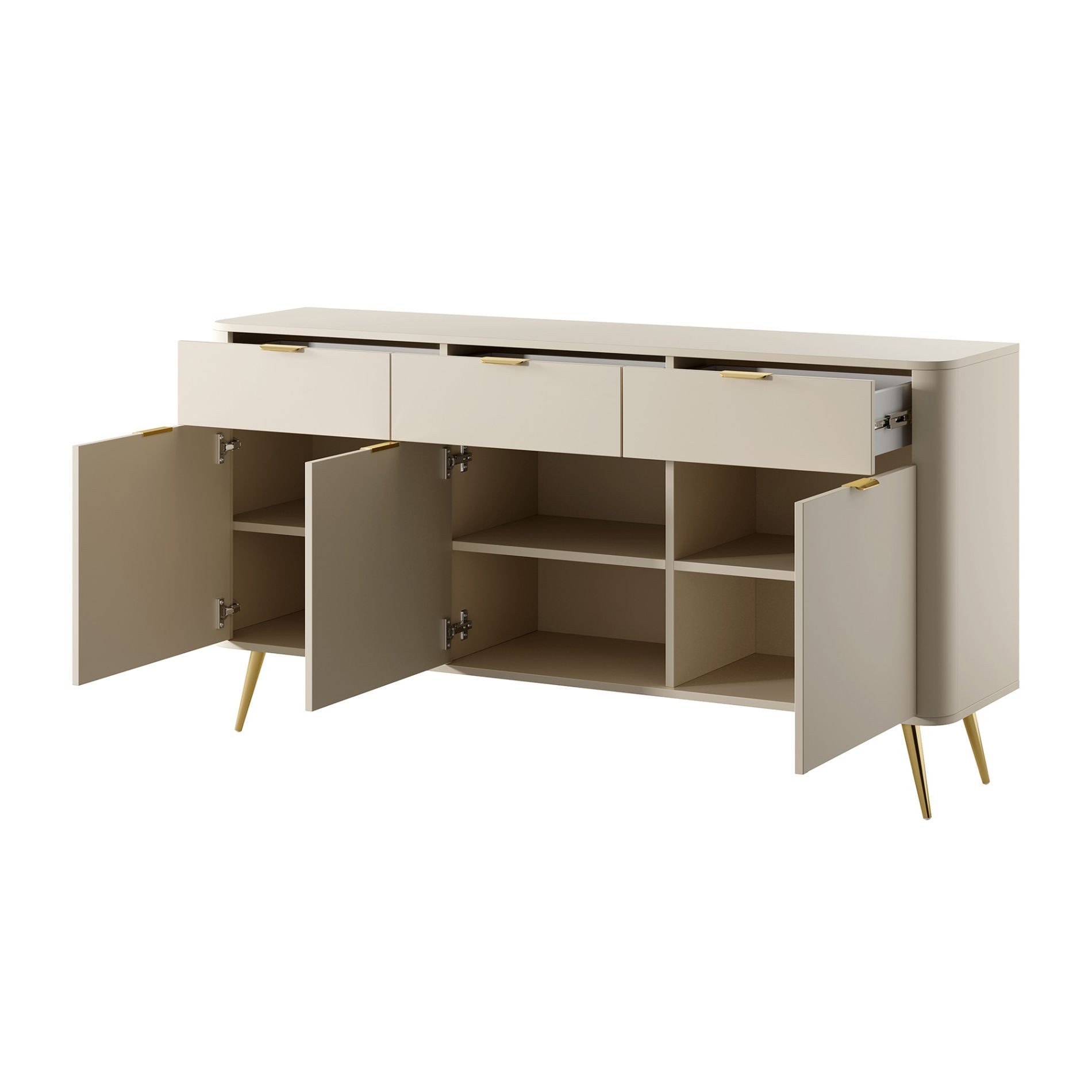 Selsey Sideboard OVAL, 3-türig mit 3 Schubladen, 6 Fächern, goldenen Griffen, 164 cm