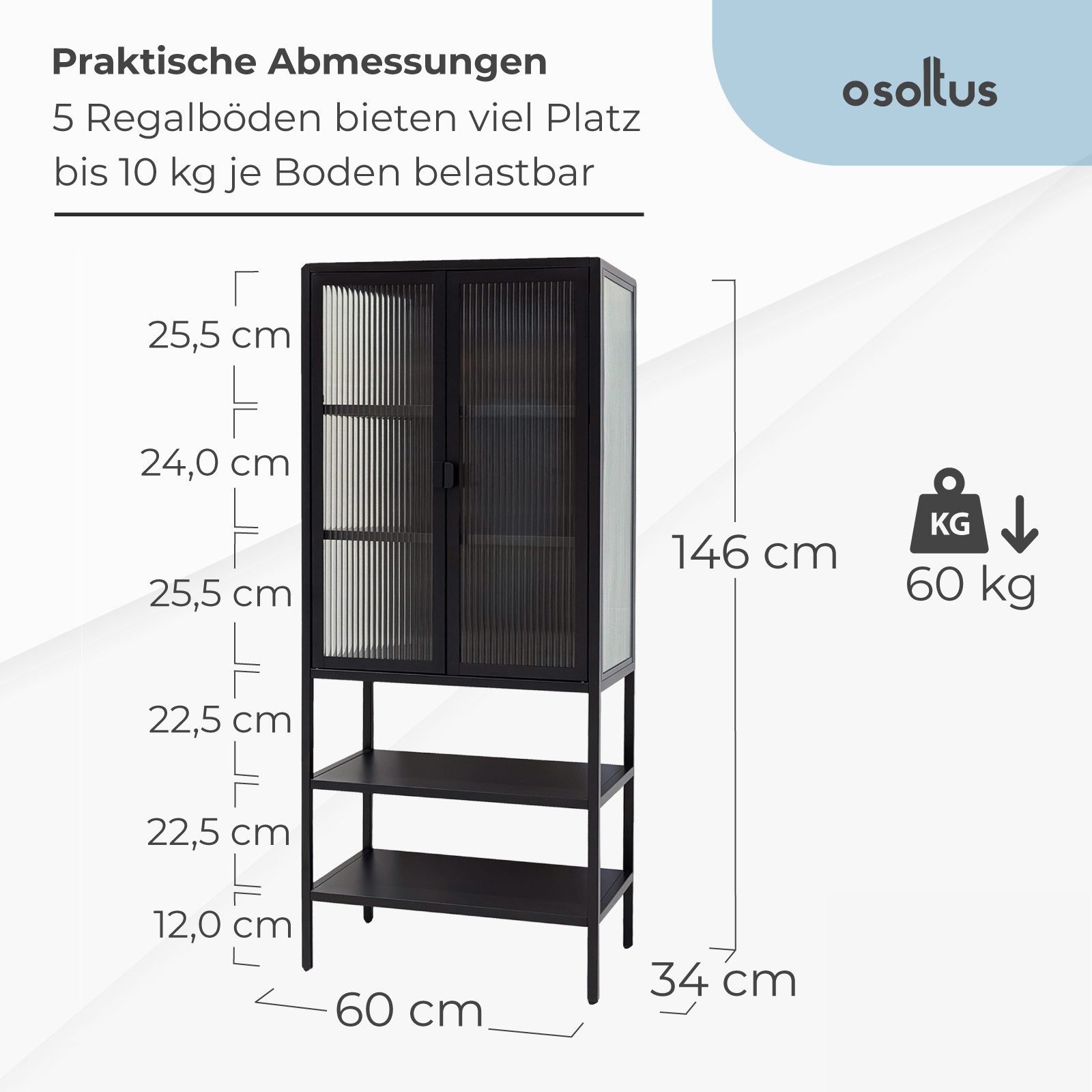 osoltus Sideboard osoltus Vitrine Schrank Riffelglas Stahl cube Schwarz Industrial 146 – Bild 3 von 5