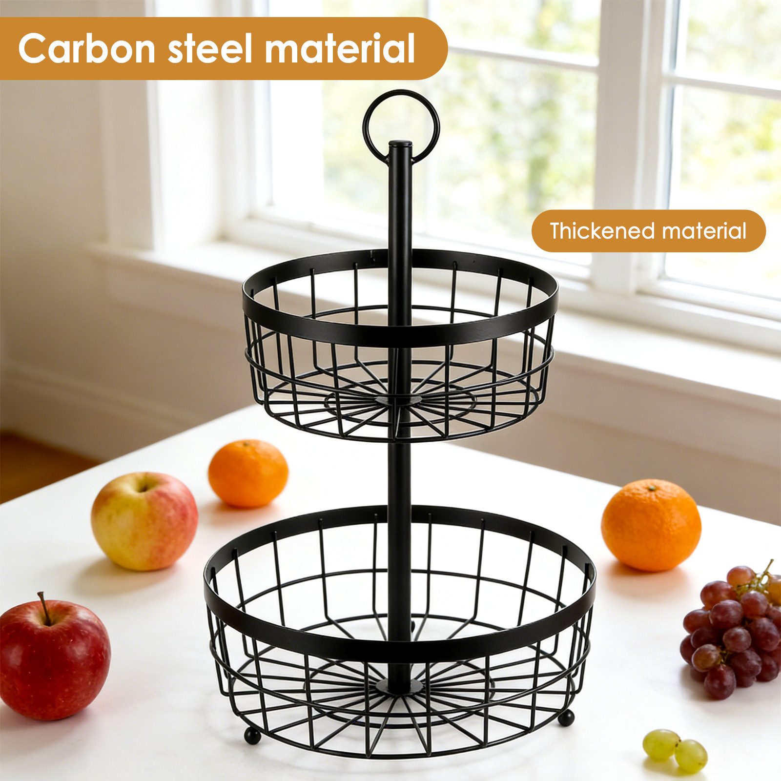 BlingBin Obstschale 2 Etagen Obstkorb Metall, Rund Obst Etagere - Ø23 und 30 cm, Schwarz, Schmiedeeisen, (1er Set, 1-tlg), Obstschale Lagerung Küchenregal für Kuchen, Süßigkeiten, Gemüse