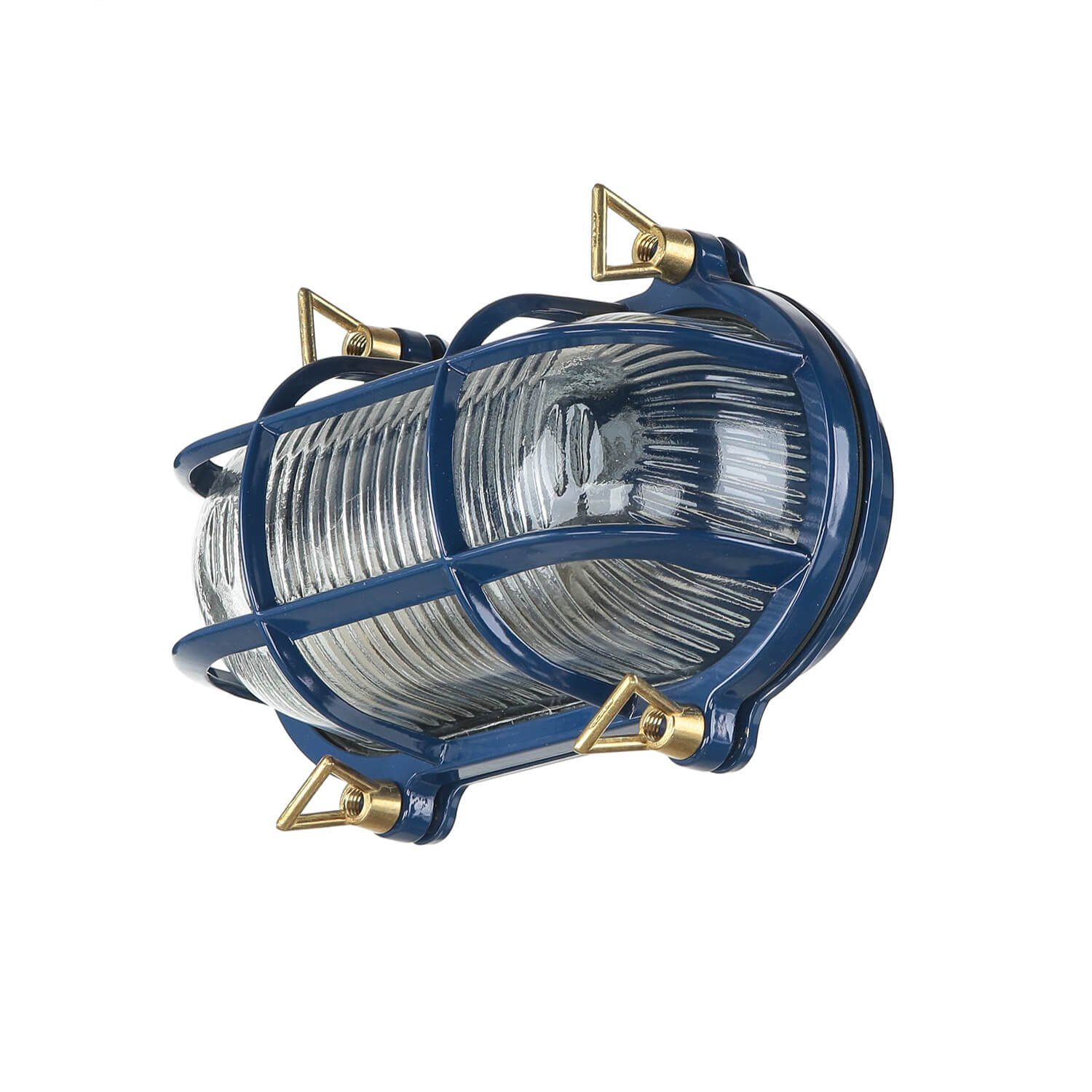 Licht-Erlebnisse Außen-Wandleuchte SKIATHOS, ohne Leuchtmittel, Messing Riffelglas E27 IP64 in Blau Maritim rostfrei 21 cm breit