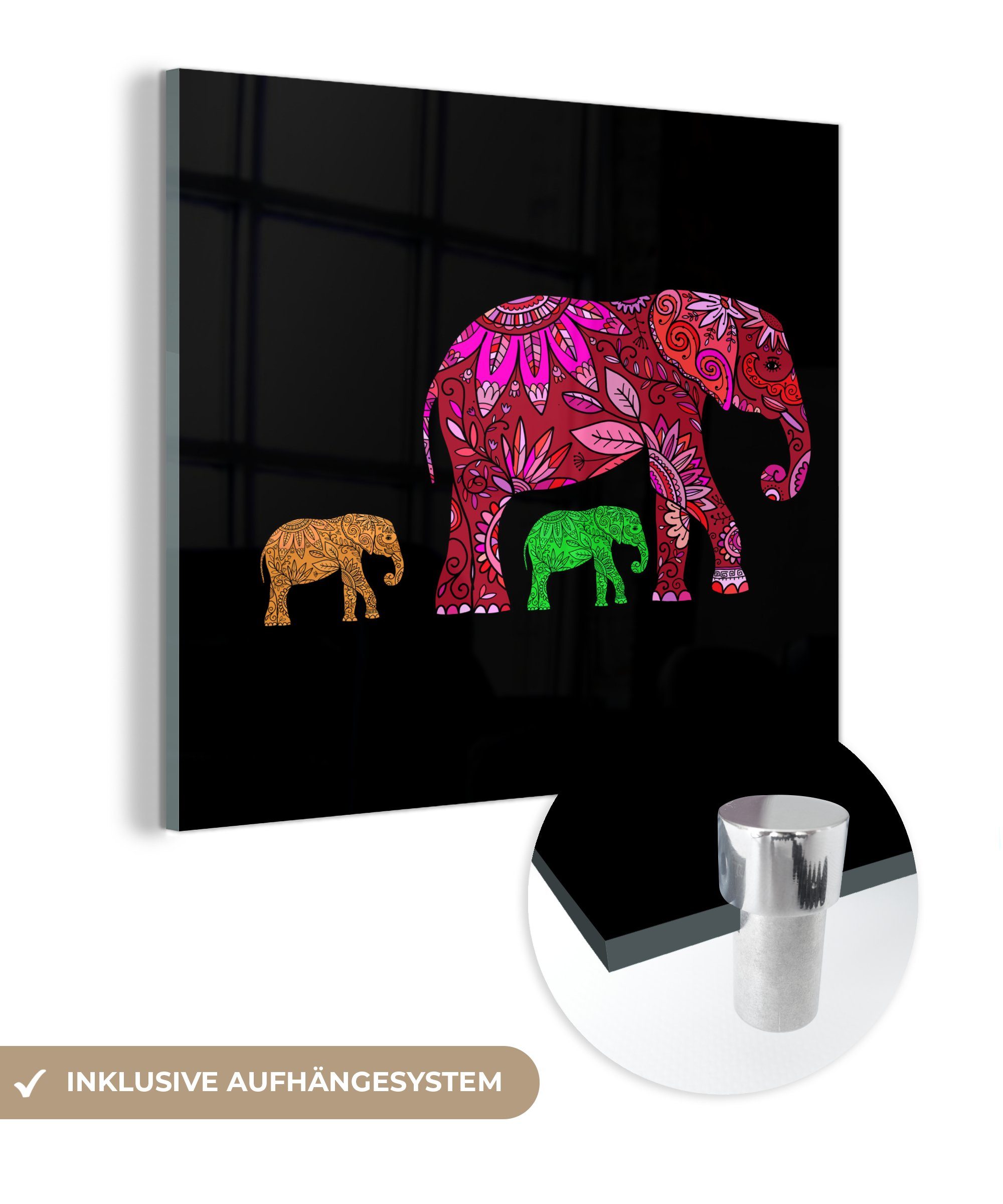 MuchoWow Acrylglasbild Elefant - Muster - Wanddekoration Wandbild - Blumen St), Pflanzen, Bilder Glasbilder Foto - auf auf - - Glas (1 Glas