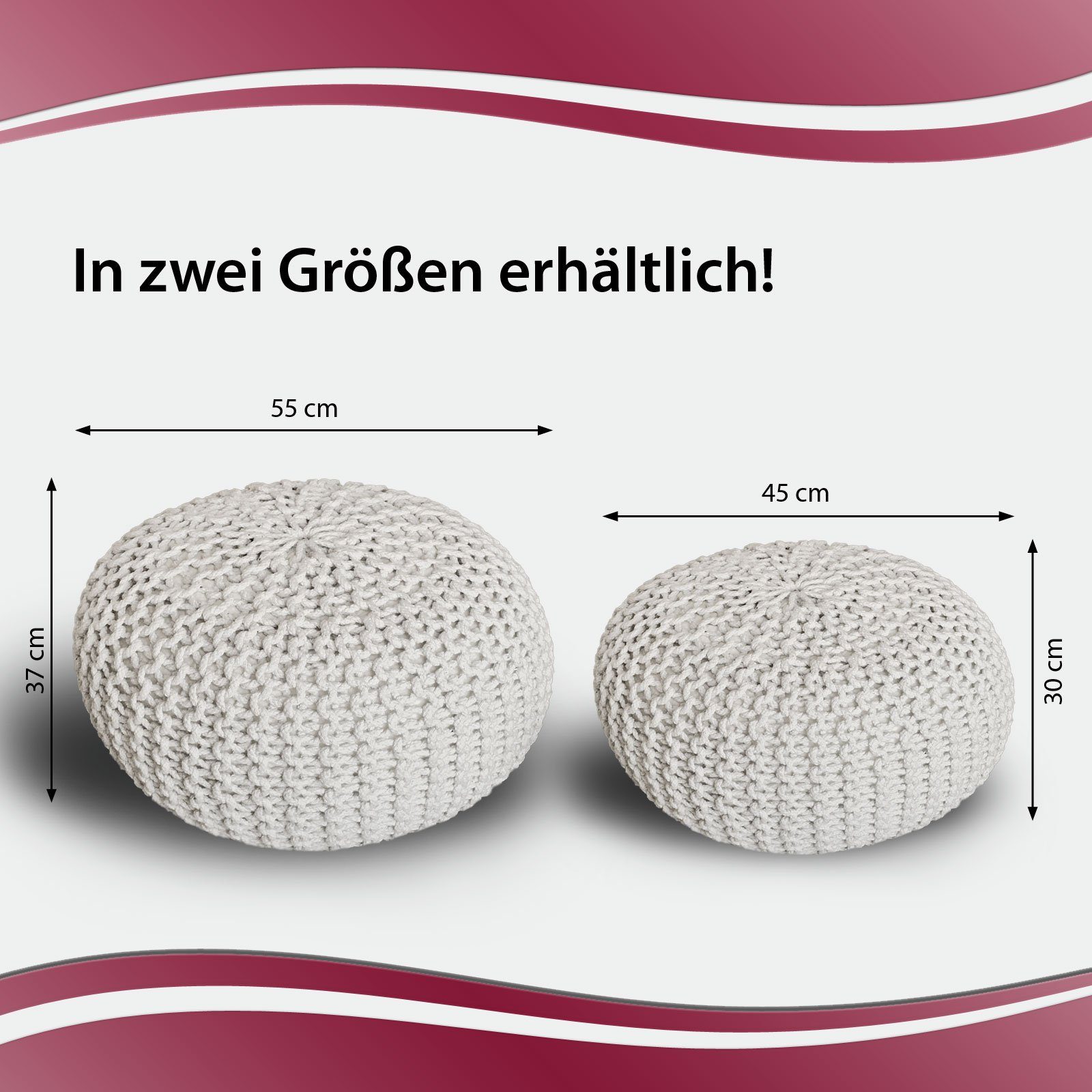 Bodenkissen o. nachhaltig Strickhocker Pouf Pouf 55 Casamia Ø 45 cm Sitzpouf weiß