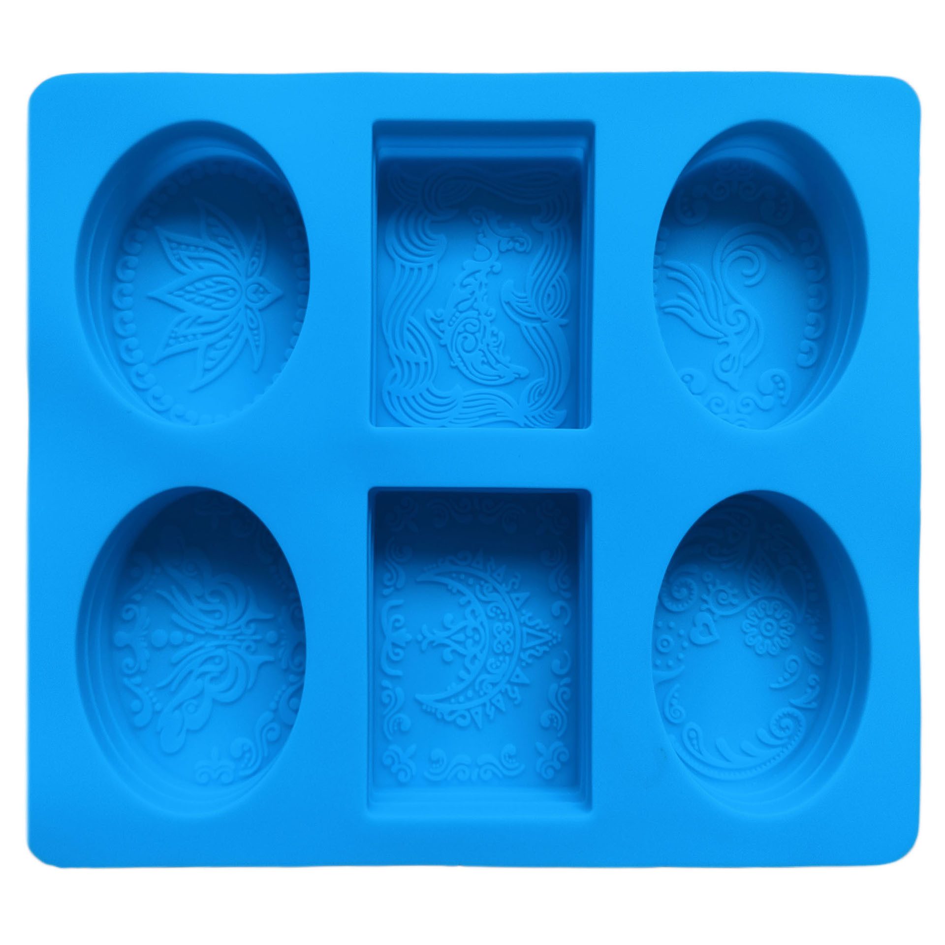 DistrEbution Silikonform Rechteck & Oval mit Ornamentrelief, mit Delfin, Lotus, Schmetterling & Mond, Seife gießen
