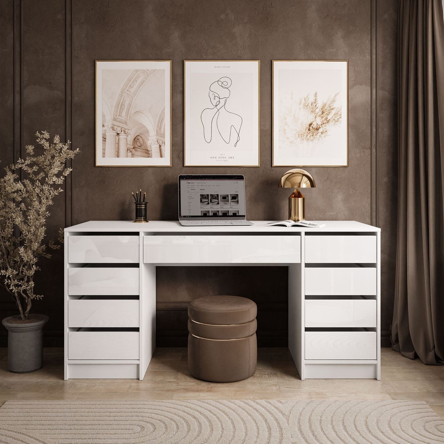 ALLHOUSE24 Schreibtisch MAYA DOUBLE mit 9 Schubladen Hochglanz Fronten weiß oder kaschmir, Breite 152 cm