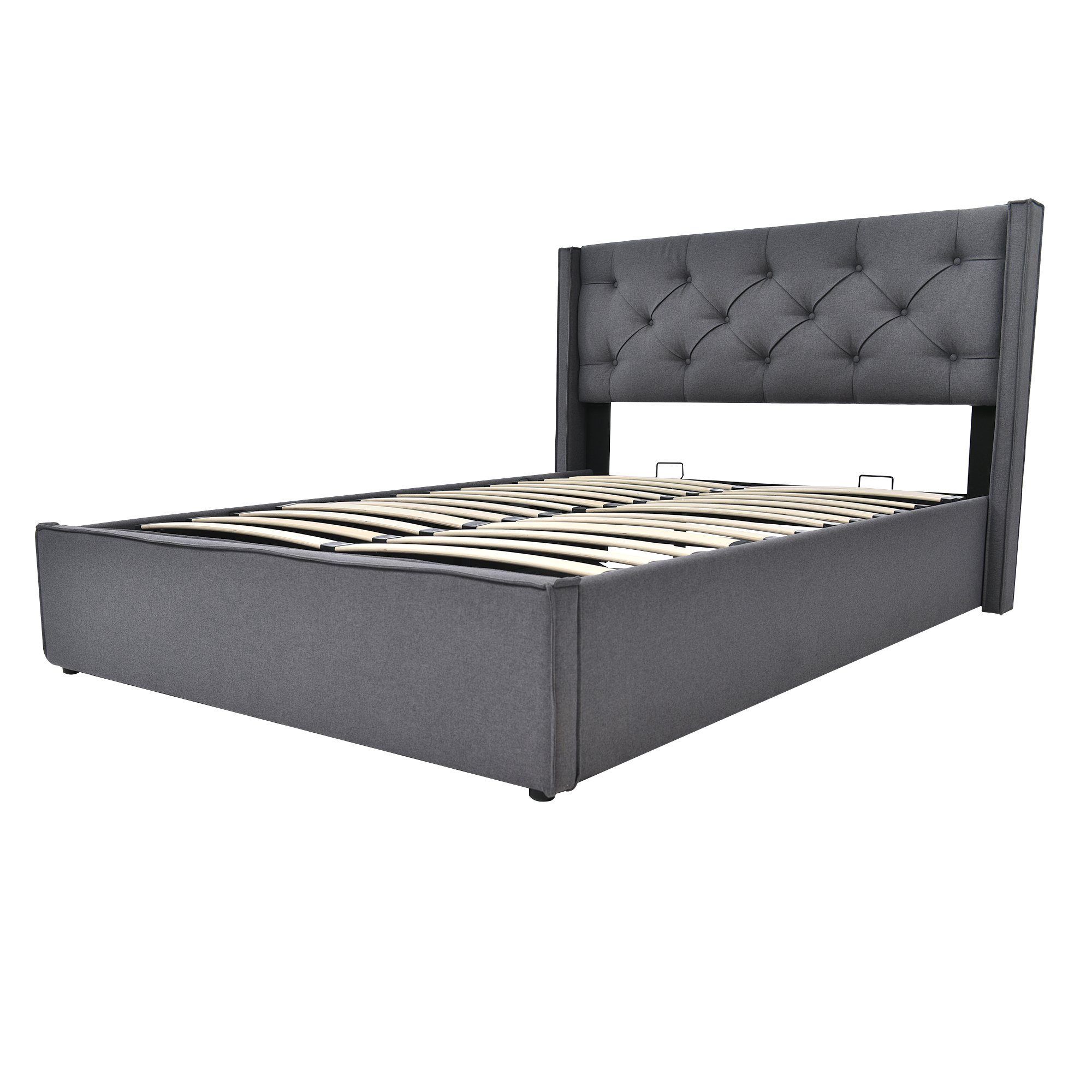 Boxspringbett (Polsterbett Doppelbett 160x200 cm mit edler Knopfheftung), Hydraulisches Funktionsbett mit Bettkasten und Lattenrost, Baumwolle