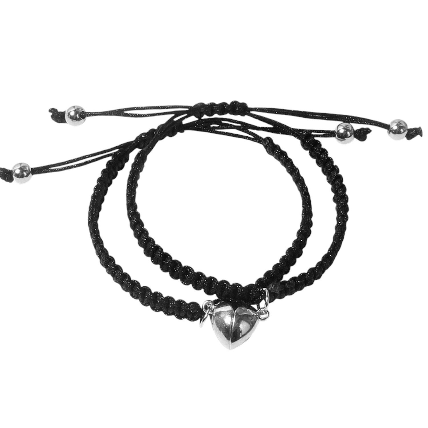 KARMA Freundschaftsarmband 2er Set Freundschaftsarmbänder Herz Schwarz Metall Stoff (Schiebeknoten Schiebearmband Stoffarmband modern, Magnetisch Damenarmband Herrenarmband Geschenk für Sie Ihn), Armband Freunde Partner Unisex Partnerarmbänder