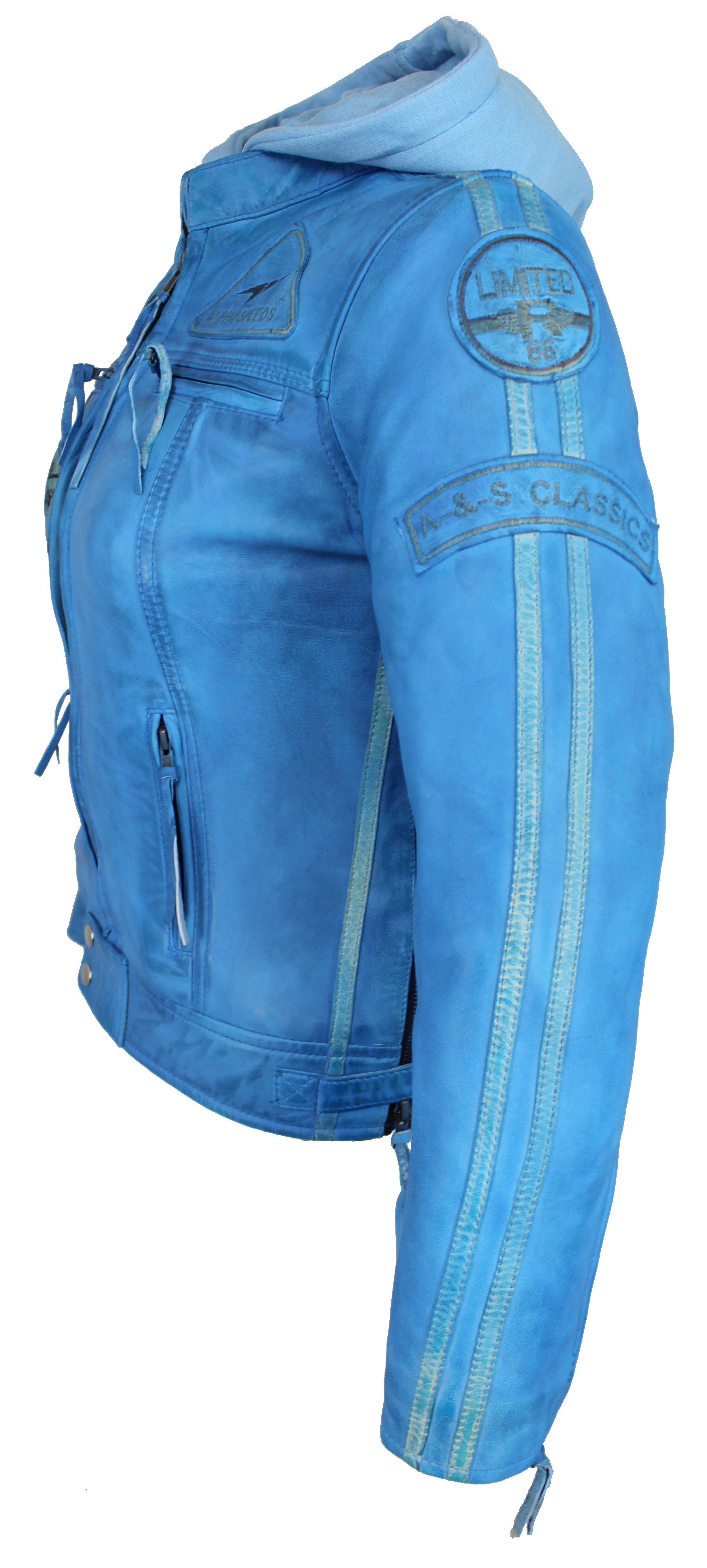 Alpha Speeds Lederjacke Damen Motorrad Leder Jacke Biker, Freizeit Highway Jacke Blau aus weichem Lammleder, mit Protektoren & Kapuze – Bild 5 von 5