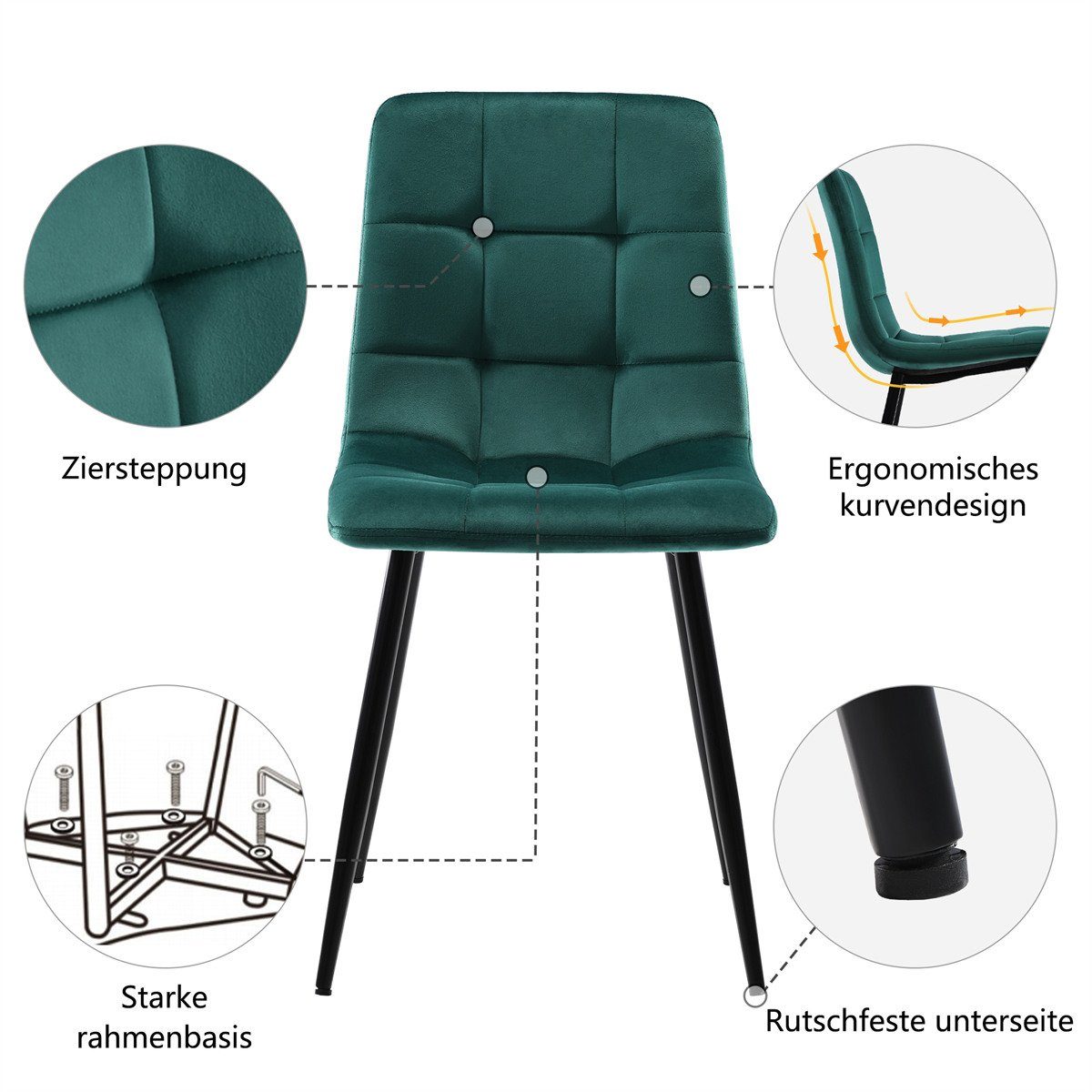 XDeer Esszimmerstuhl 4er Set Samt aus Gruen zu Esszimmerstühle,Polsterstuhl montieren Küchenstuhl Rückenlehne, mit Metall,Leicht Sitzfläche Gestell aus