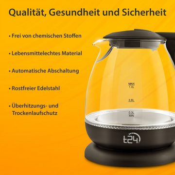 T24 Reise-Wasserkocher T24 GlasWasserkocher mit LED 1100 Watt 1 Liter schwarz, 1 l, 1100 W