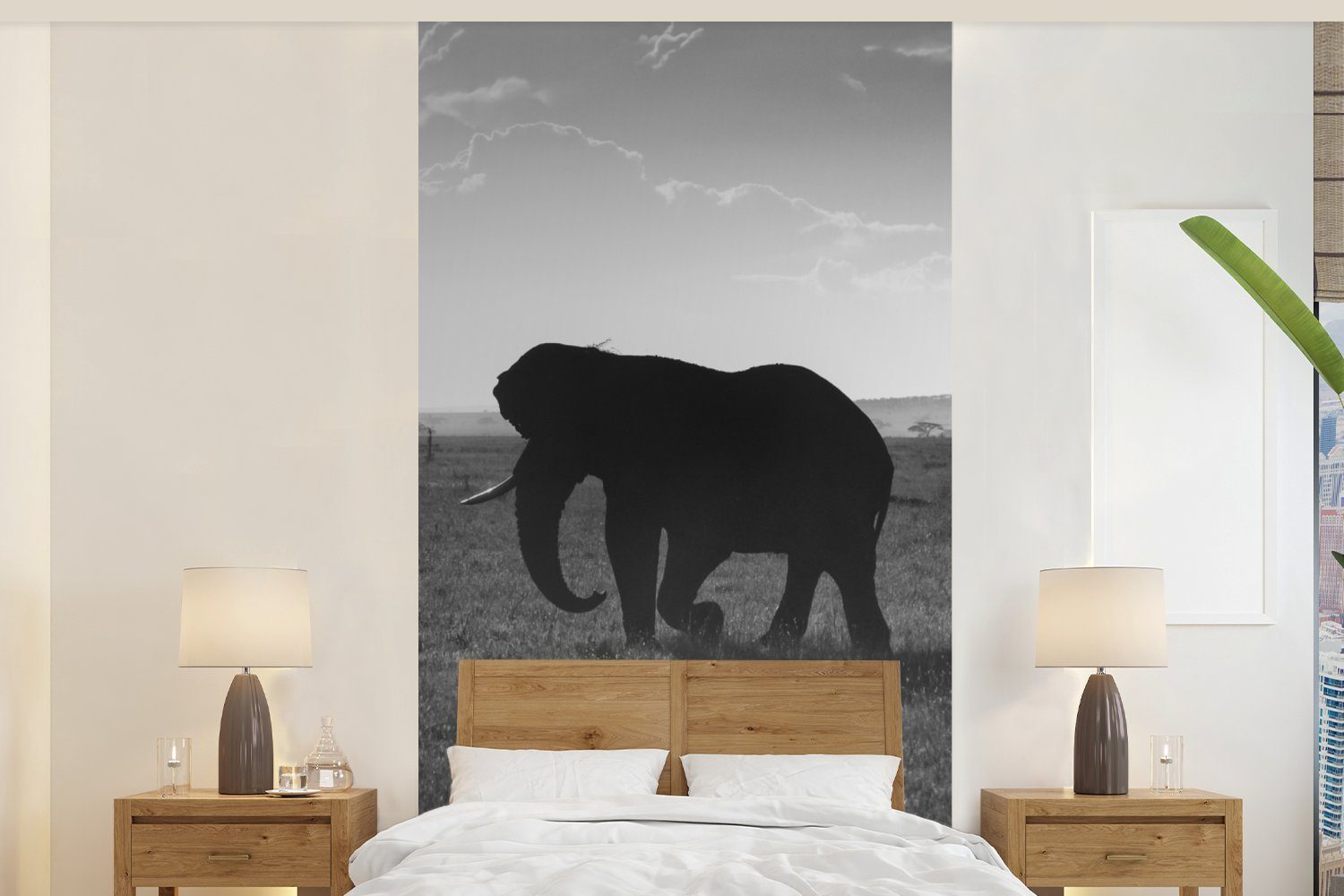 MuchoWow Fototapete Elefant - Einfarbig - Tiere - Schwarz und weiß, Matt, bedruckt, (2 St), Vliestapete für Wohnzimmer Schlafzimmer Küche, Fototapete