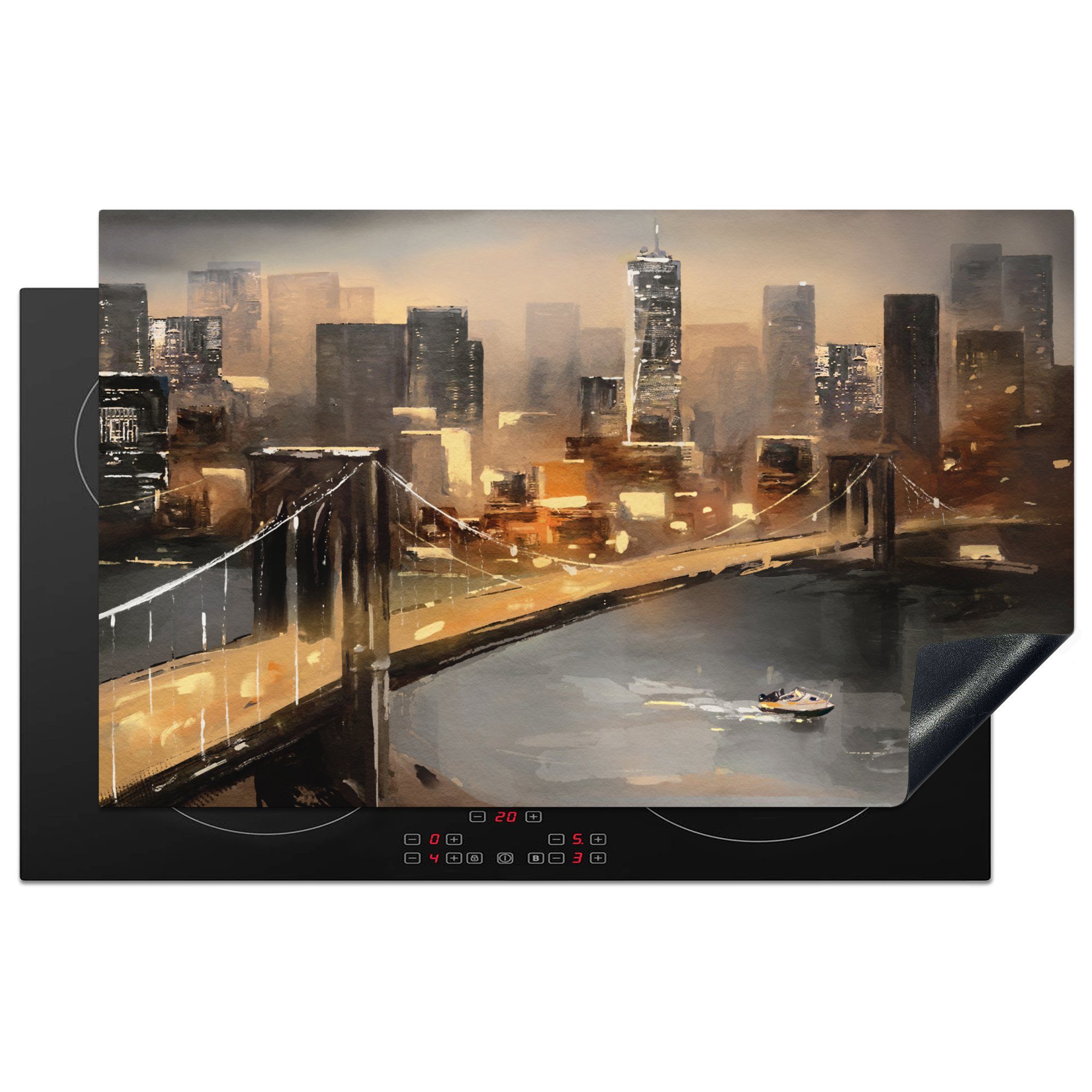 MuchoWow Herdblende-/Abdeckplatte Gemälde - Skyline - Brücke - Architektur - Ölgemälde, Vinyl, (1 tlg), 83x51 cm, Ceranfeldabdeckung, Arbeitsplatte für küche