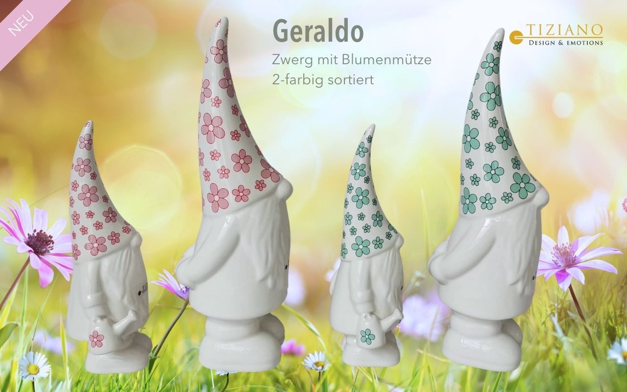 TIZIANO - DESIGN & EMOTIONS Dekofigur Deko Zwerg Geraldo Keramik rosa – Gartenzwerg modern 21/30 cm