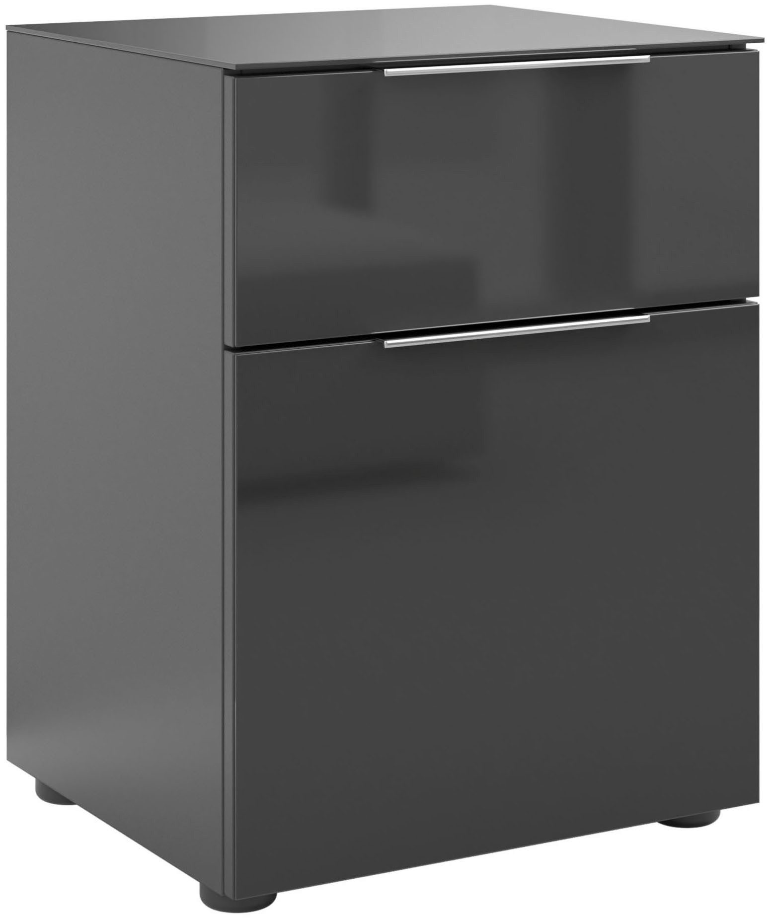 Manjana Möbel Nachtkommode mit Chrom oder Schwarz matten Metallgriffen, mit Glasfronten, melaminbeschichtete Oberfläche, mit Vollauszug