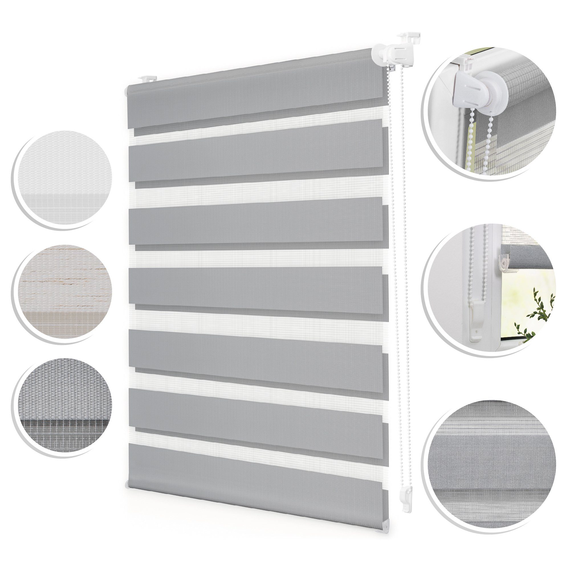 Doppelrollo Duo-Rollo Doppelrollo, Klemmbar, Anschraubbar, freihängend, Klemmbar, Anschraubbar, Klemmfix, ohne Bohren, blickdicht Sichtschutz Sonnenschutz, verstellbarer Klemmträger, Freihängend, Bedienseite frei wählbar (vormontierter Kettenzug kann links oder rechts montiert werden), Stoff 4 cm schmaler als Bestellbreite