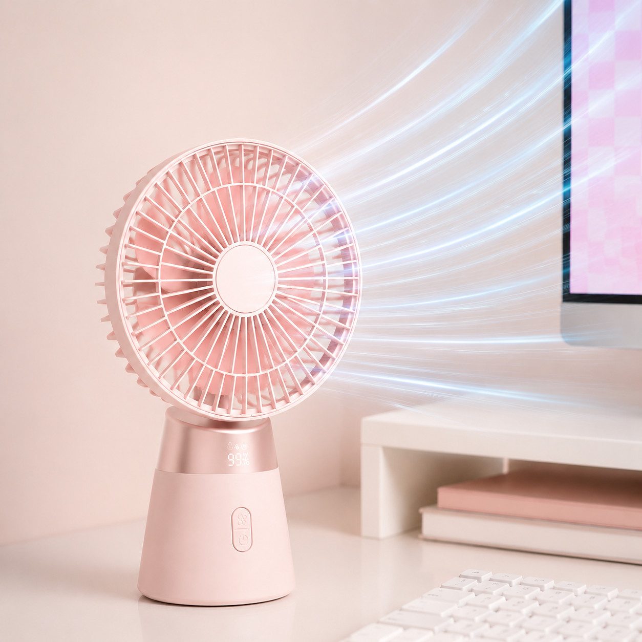 MOPUEA Tischventilator Akku Tischventilator USB Mini Ventilator mit LED Display leise 5Stufen, Mobile, Oszillierender Verstellbarer Neigungswinkel Luftzirkulator