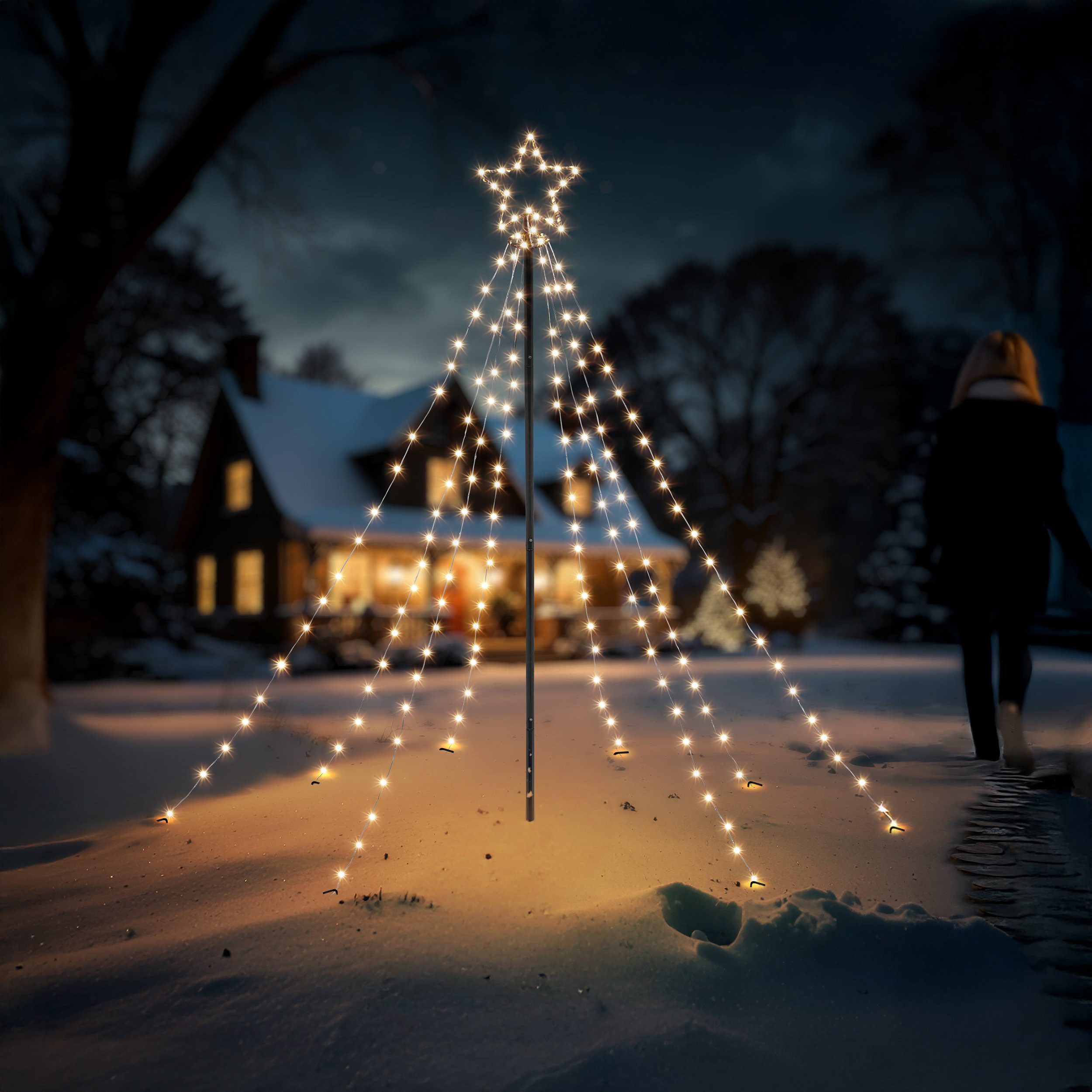 esotec LED Gartenleuchte Solar XXL Weihnachtsbaum 2,1x1,4m, Lichterketten + Metall-Mast 103400, automatisches Einschalten bei Dämmerung, LED fest integriert, warmweiß, winterfest