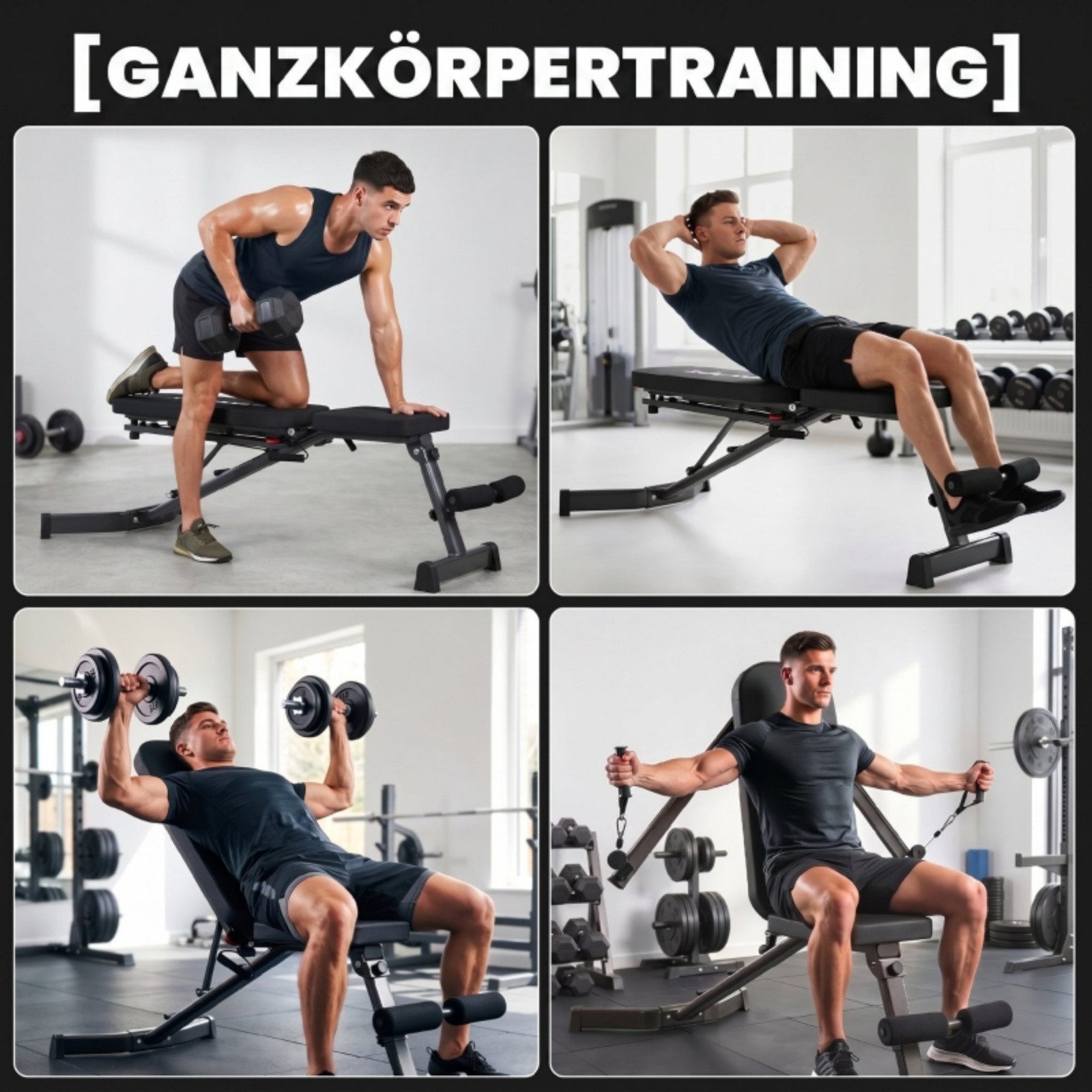 Blossom Trainingsbank Hantelbank klappbar mit Beinstrecker, Trainingsbank für Zuhause, (bis 300 kg), 3-fach verstellbare Rückenlehne, Widerstandsbänder, Krafttraining