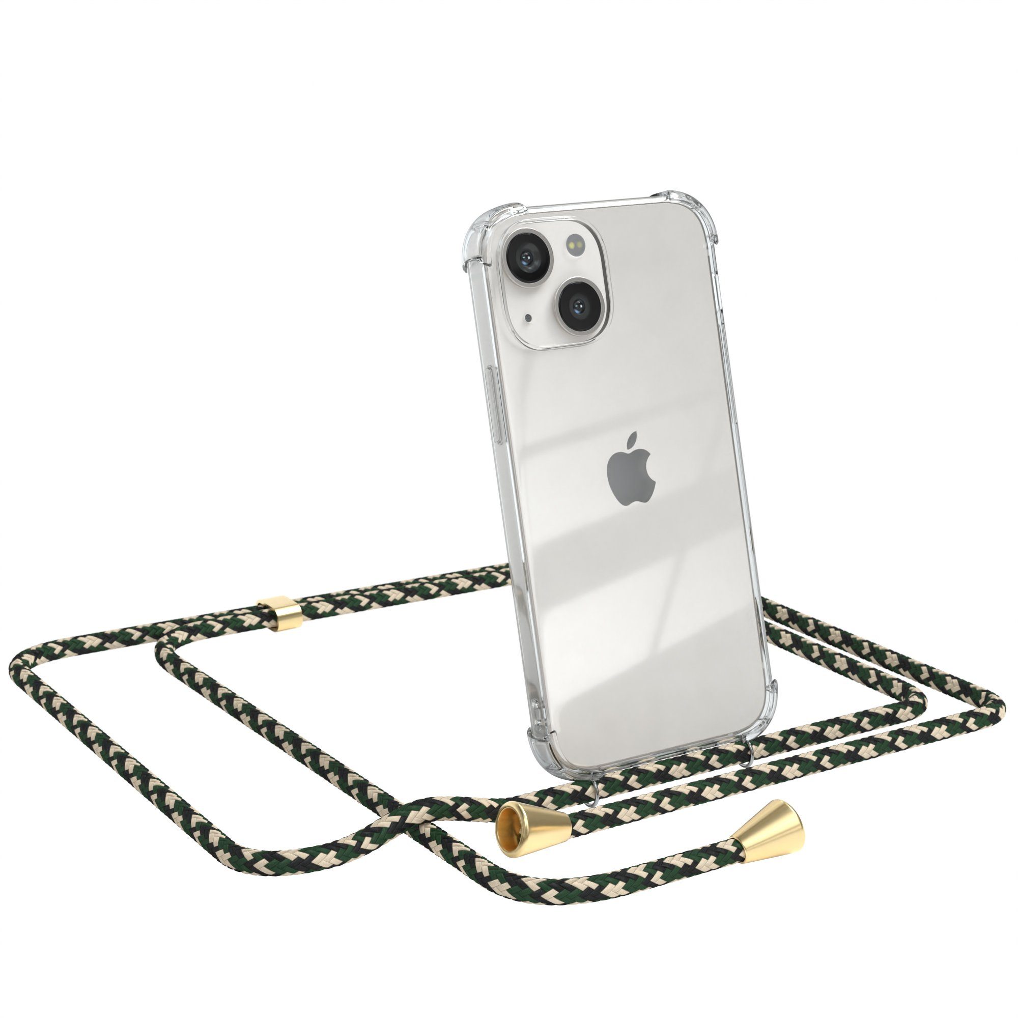 EAZY CASE Handykette Hülle mit Kette für Apple iPhone 13 Mini 5,4 Zoll, Handykette zum Umhängen Hülle mit Kordel Rundes Band Grün Camouflage