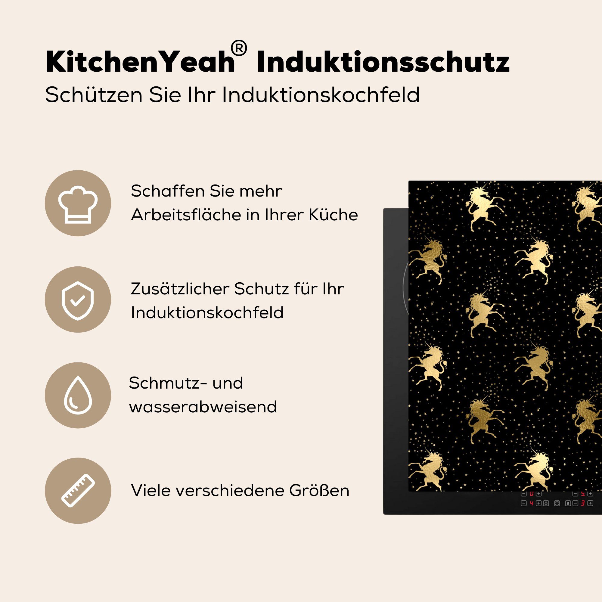 Vinyl, Arbeitsplatte Ceranfeldabdeckung, cm, - 78x78 Gold, - küche tlg), MuchoWow für (1 Einhorn Muster Herdblende-/Abdeckplatte