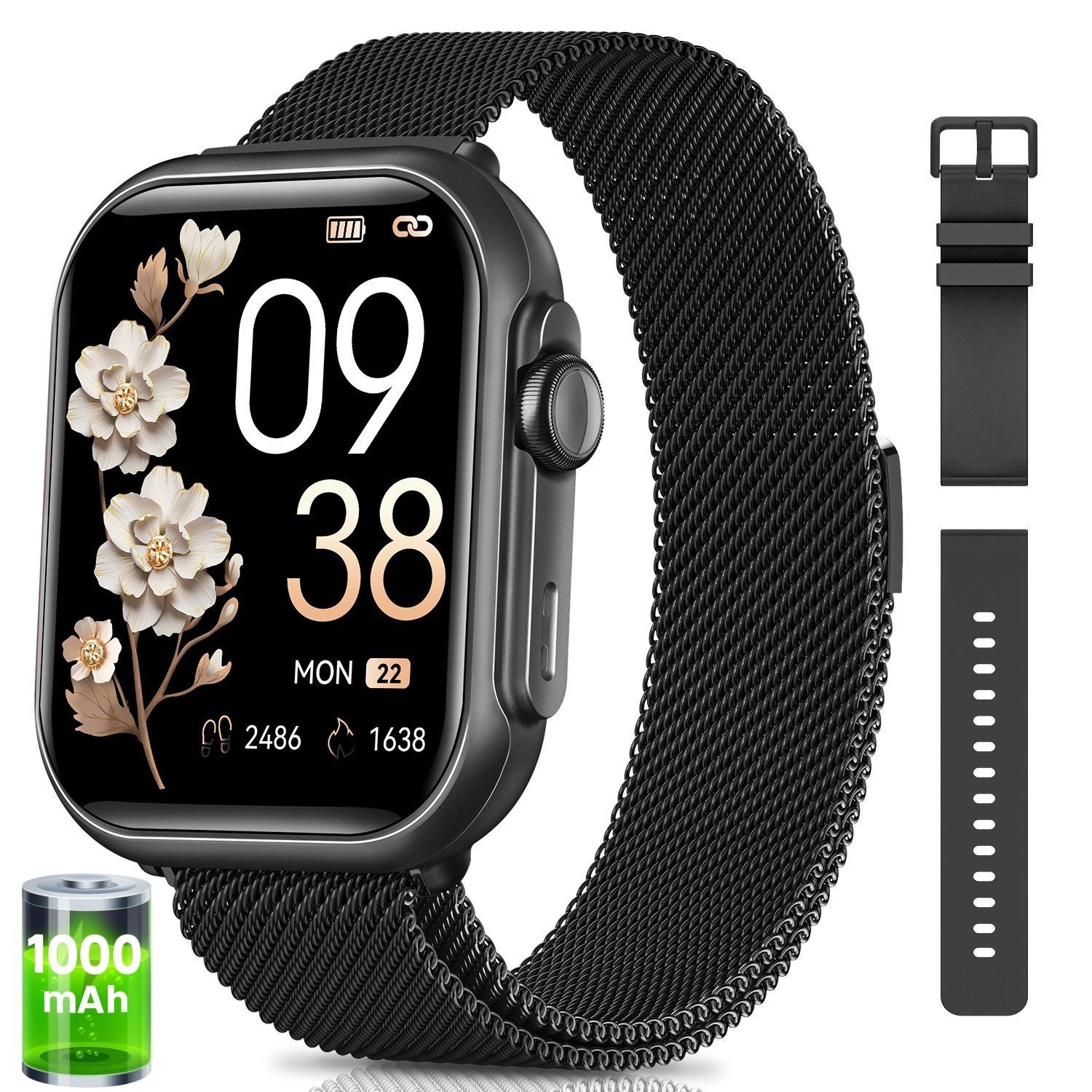 SWGOTA 2026 Neue 1000mAh Smartwatch Herren Damen, 1.83 Zoll AMOLED Display Smartwatch (4,65 cm), Fitnessuhr mit 120+ Sportmodi,1xSilikonarmband und 1xEdelstahlarmband, Herzfrequenz-/Blutdruck-/SpO2-/Schlafüberwachung