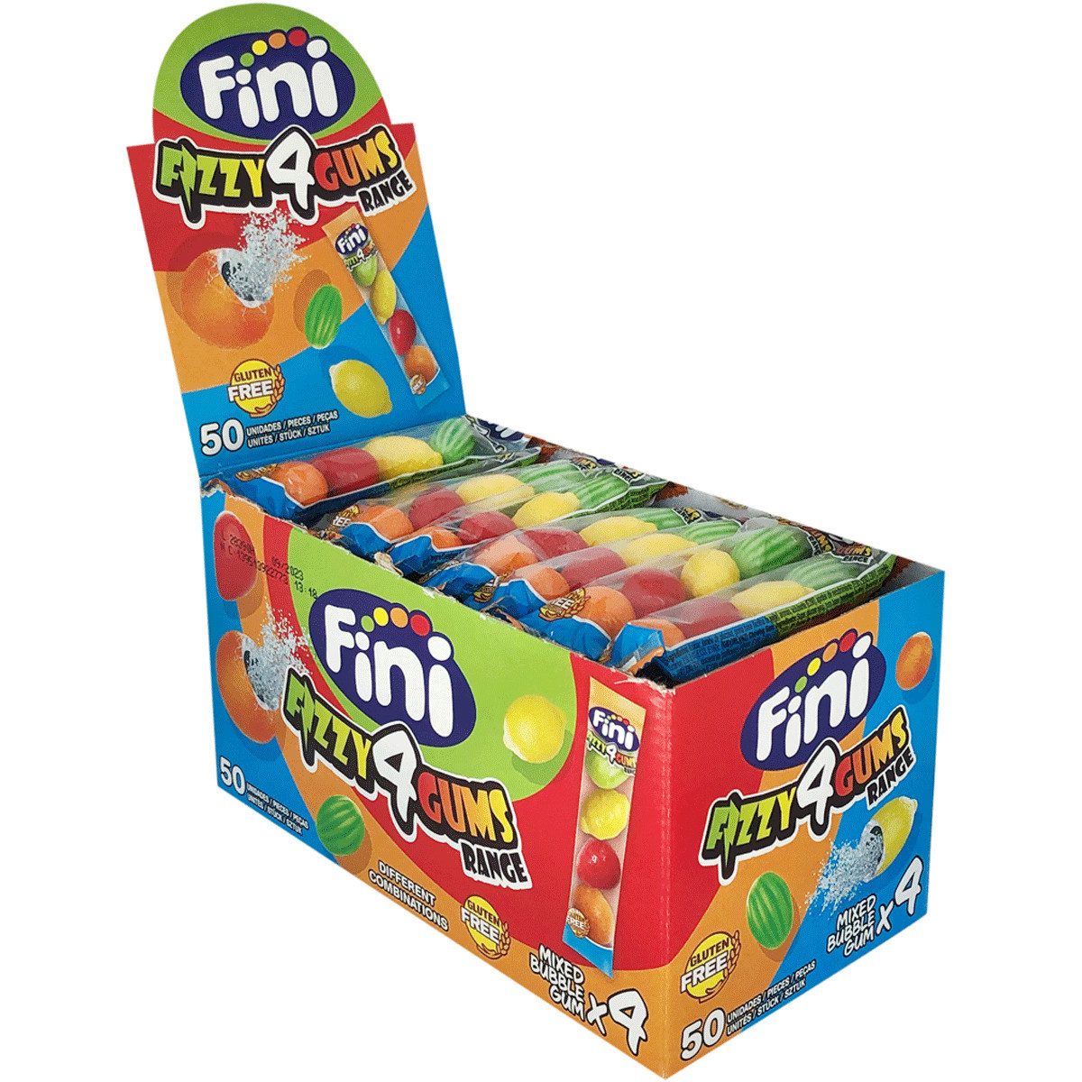 Fini Süßigkeit, Fini Bubble Gum Fizzy 4 Gums Range Fruit Mix Kaugummi Früchte 20g