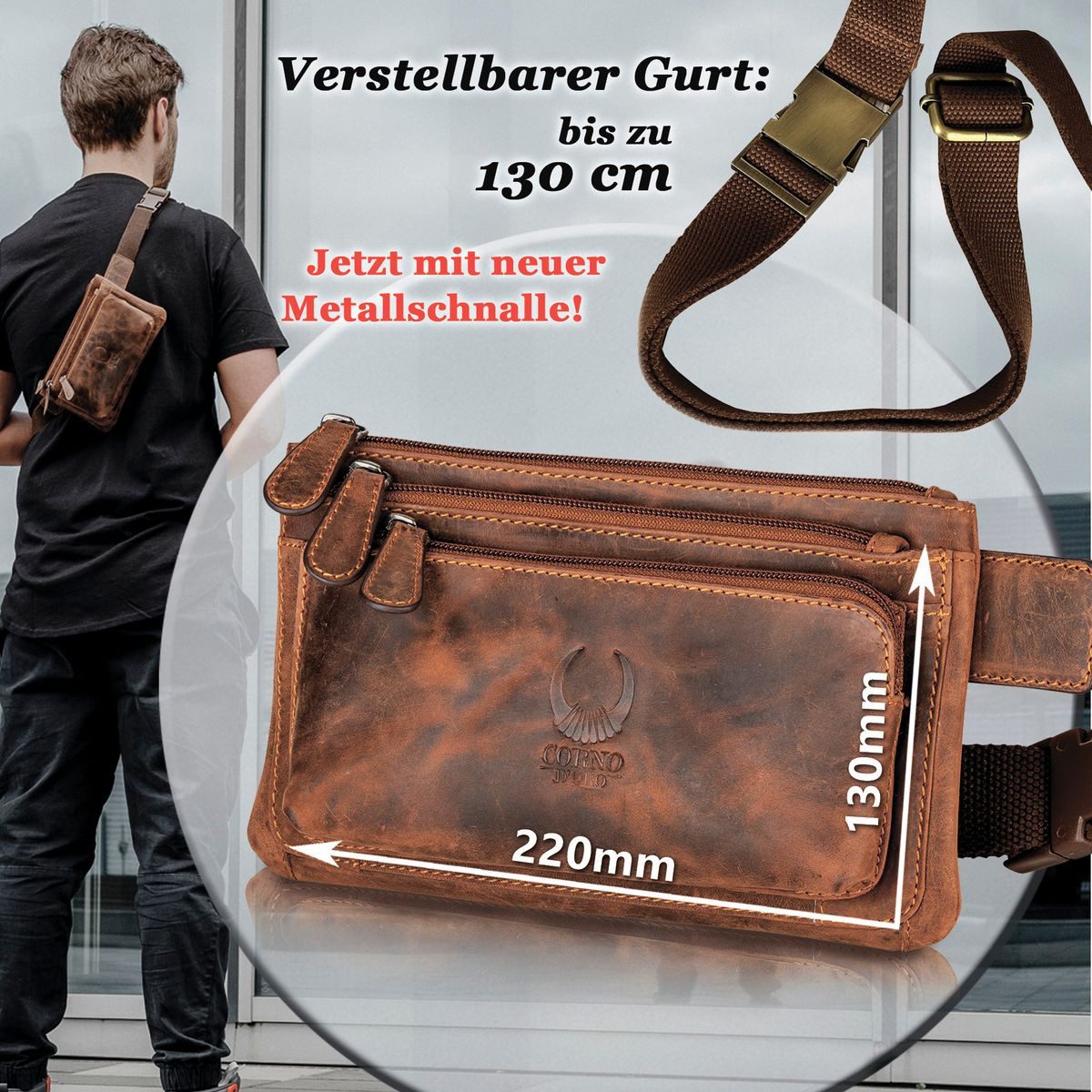 Corno d´Oro Bauchtasche Damen und Herren aus Echt Leder Vintage, Handmade Gürteltasche Cognac, mit breitem verstellbarem Gurt; 3 Reißverschlussfächer